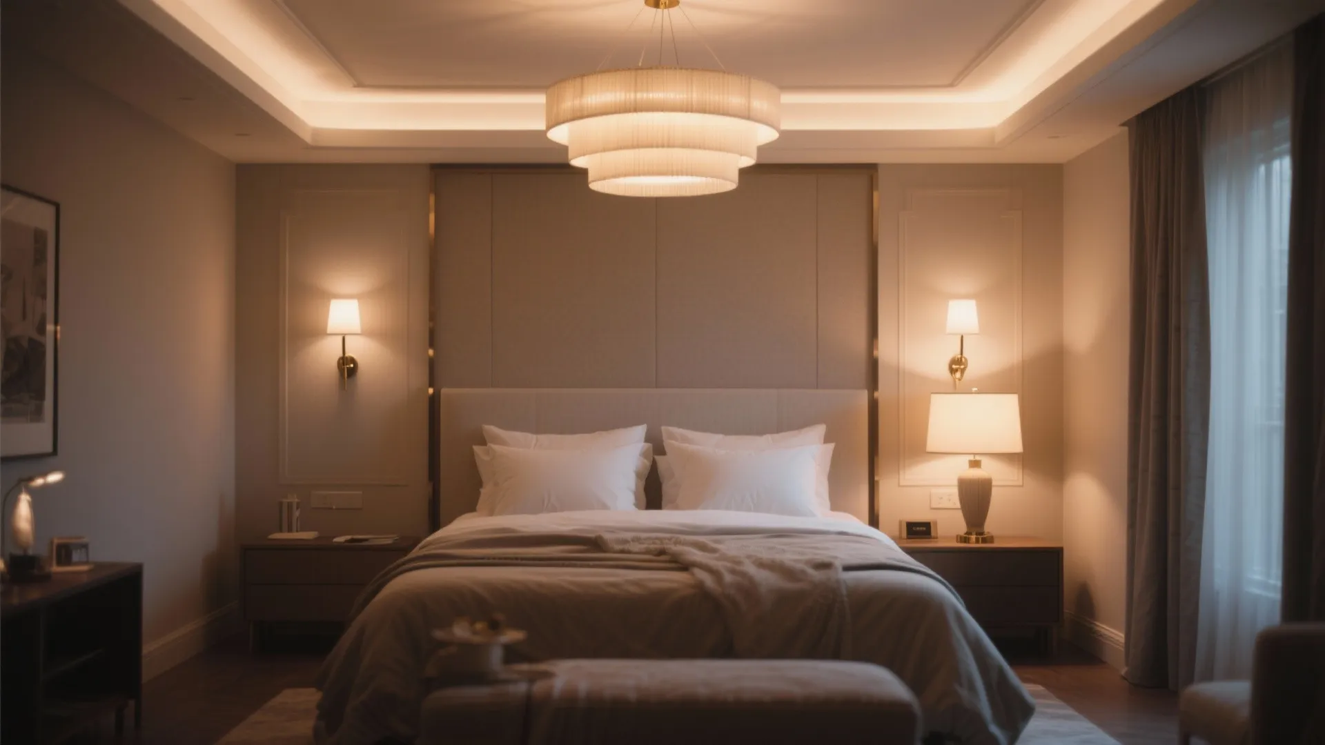 Warm bedroom interior with a tiered ceiling light plus matching wall lights and table lamp
