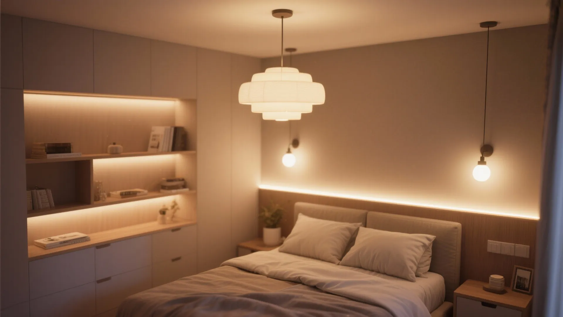 Modern bedroom with warm lighting from ceiling light wall light and built in shelf strips