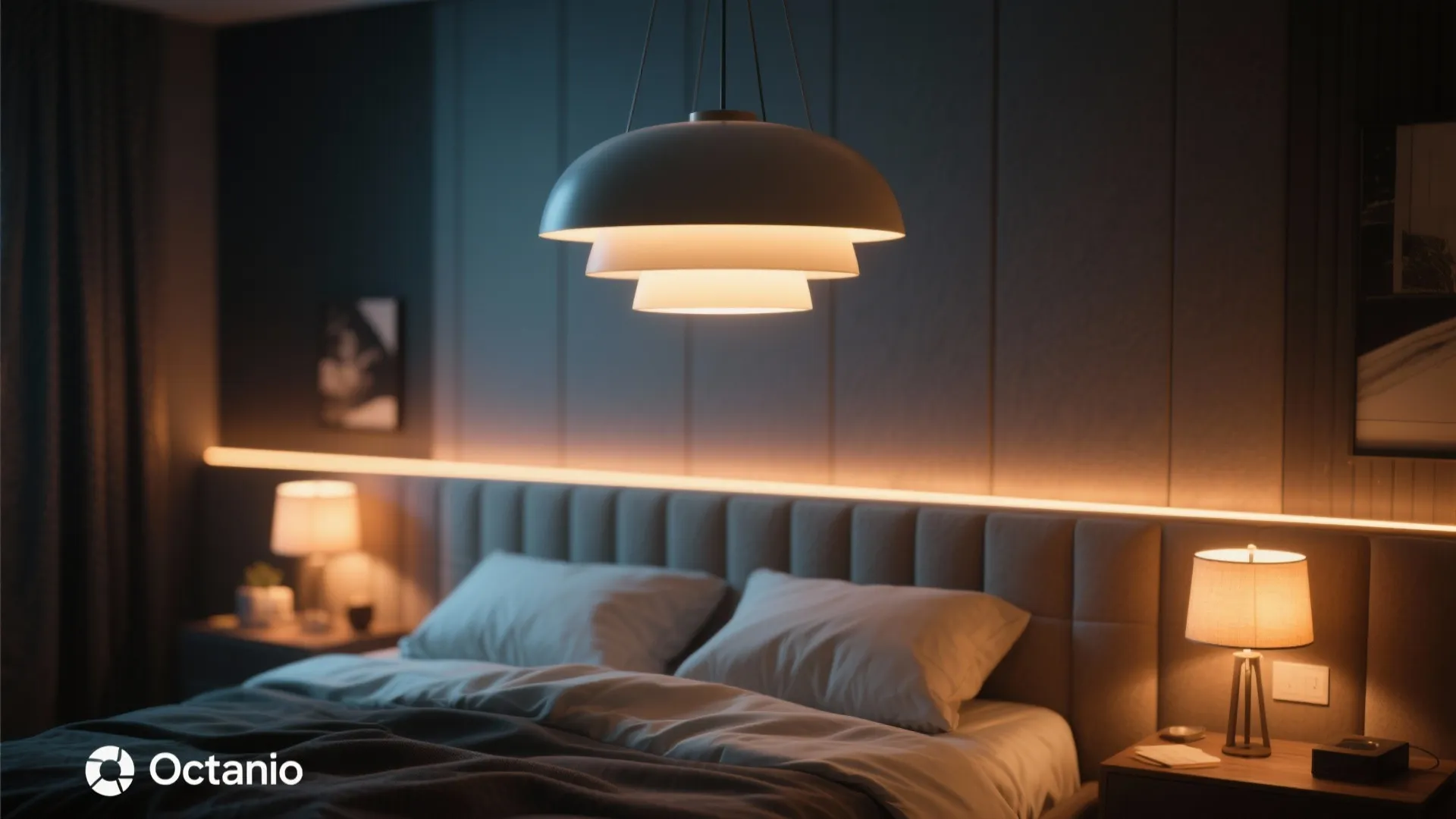 Close-up of layered bedroom lighting with pendant and LED strips
