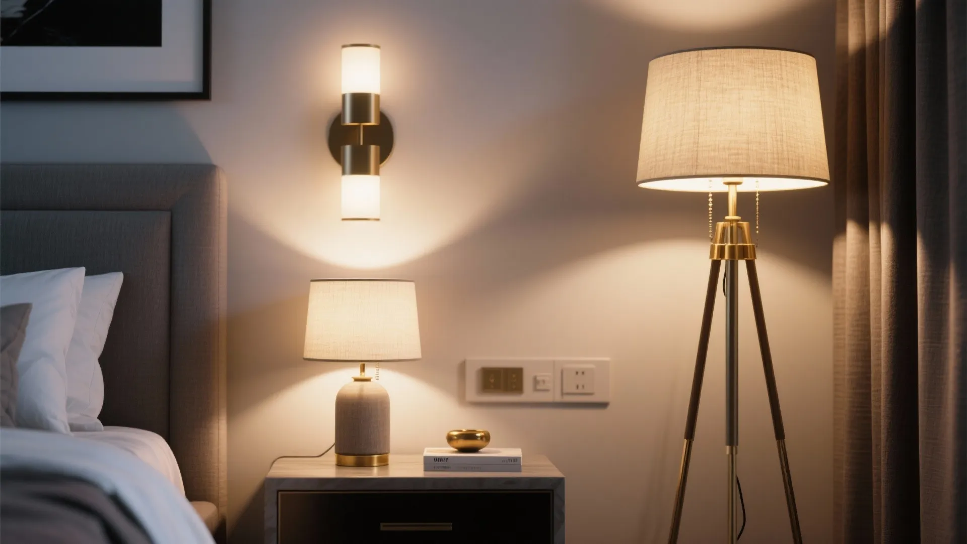 Cozy bedroom with wall light table lamp floor light fixture beside a grey bed and cabinet