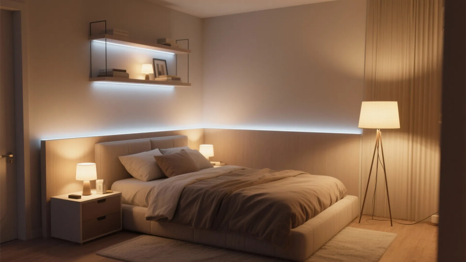 Warm bedroom lighting with wall light strips bedside lamps a tall floor lamp and wooden headboard
