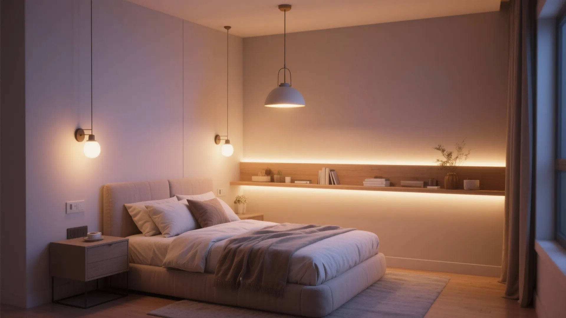 Modern bedroom with warm wall light and ceiling light plus a wood shelf with books