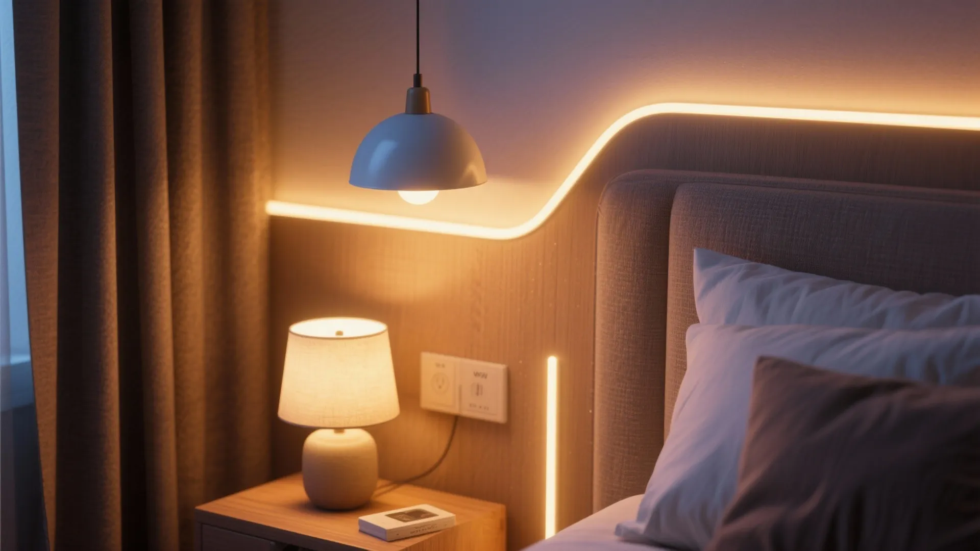 Bedroom bedside table with a small lamp hanging light fixture and glowing strip light on wall