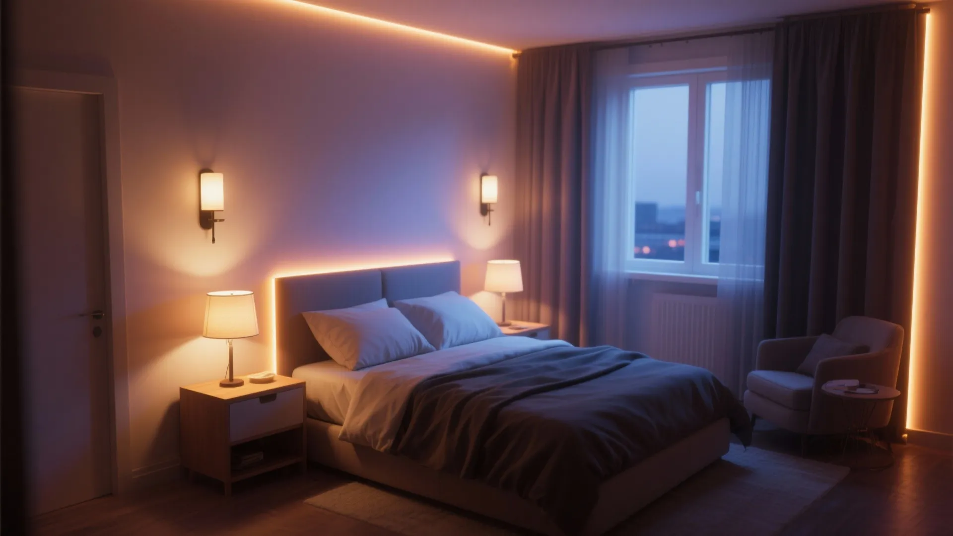 Layered lighting in bedroom for warmth and dimension