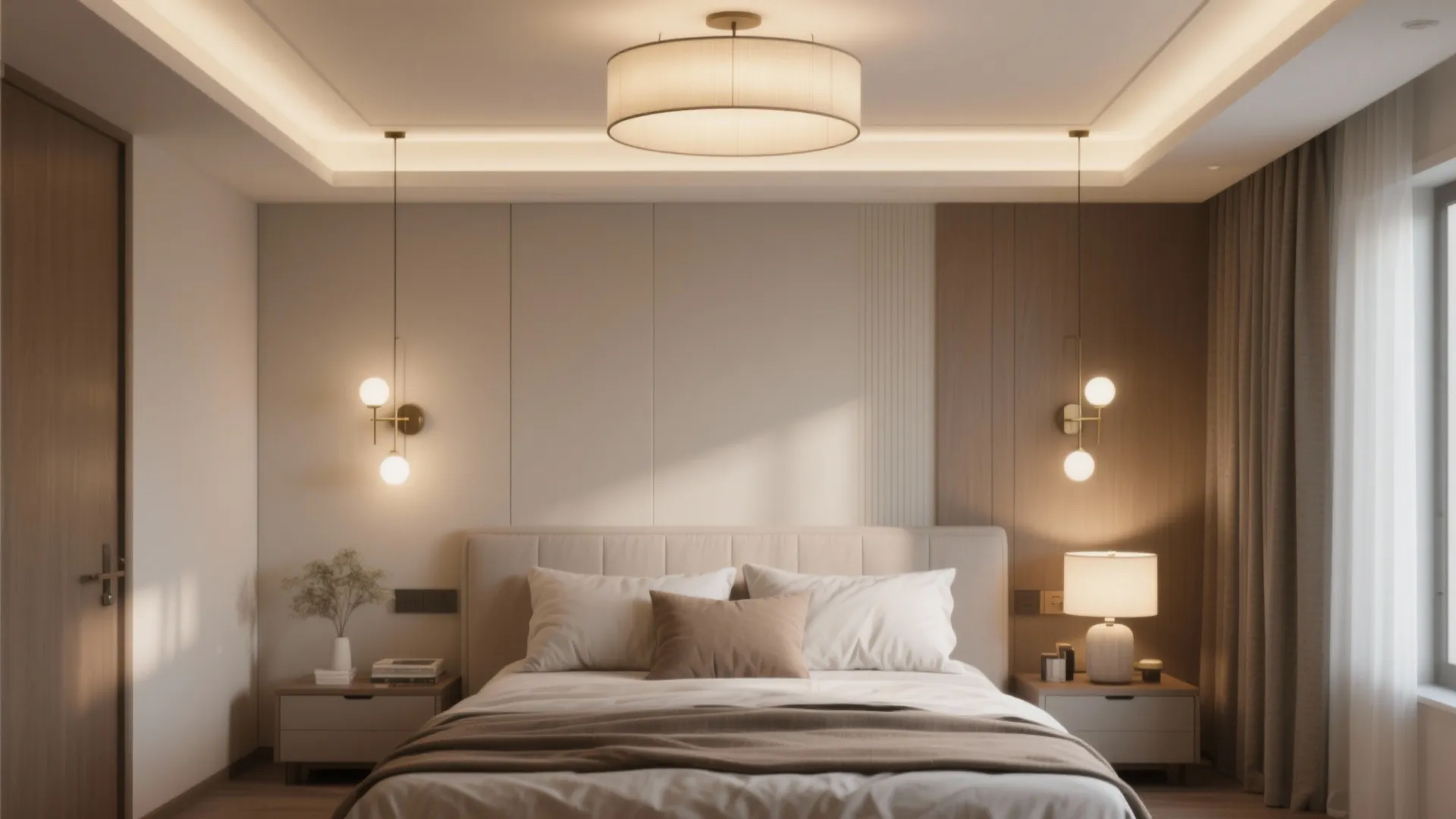 Modern bedroom with ceiling light wall lights table lamp and soft warm lighting on bed