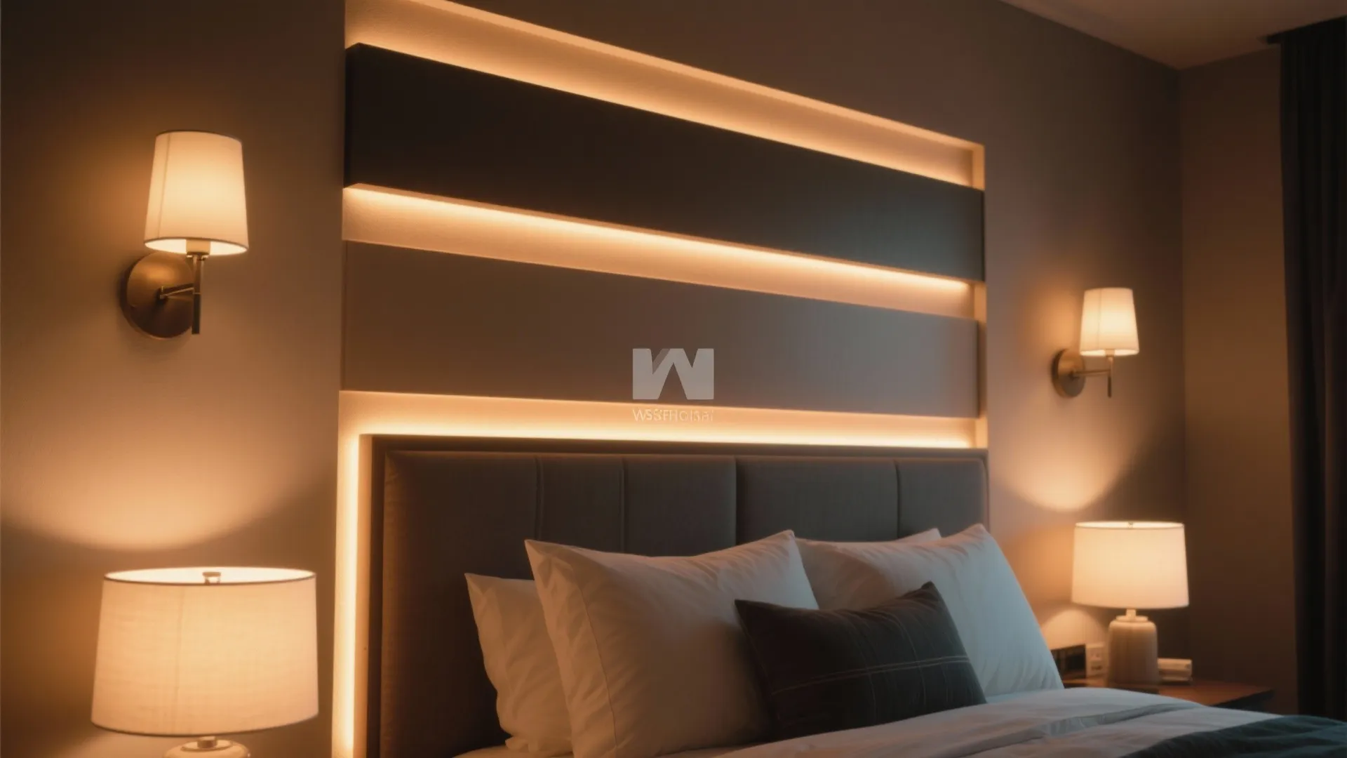Modern bedroom headboard with warm wall lights and hidden light strips creating a cozy atmosphere
