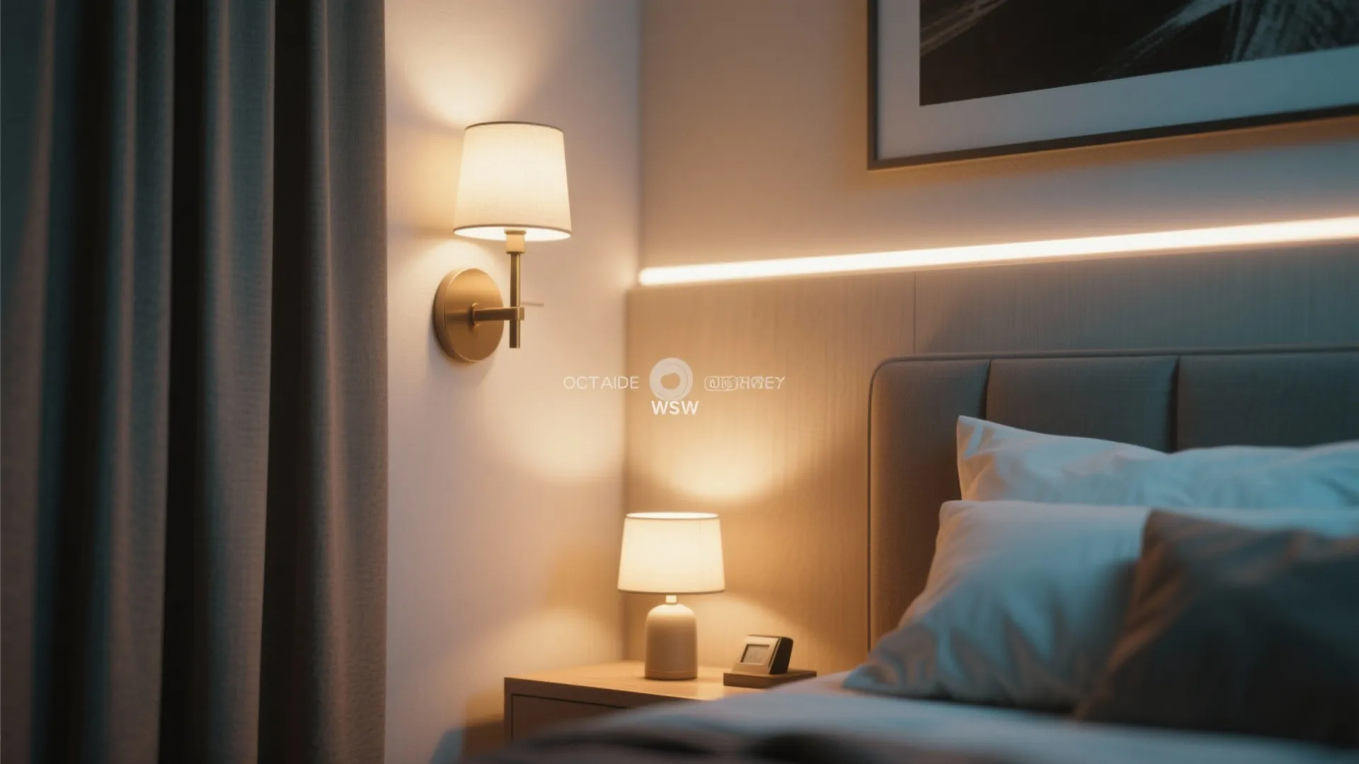 Layered bedroom lighting with lamp and LED strip