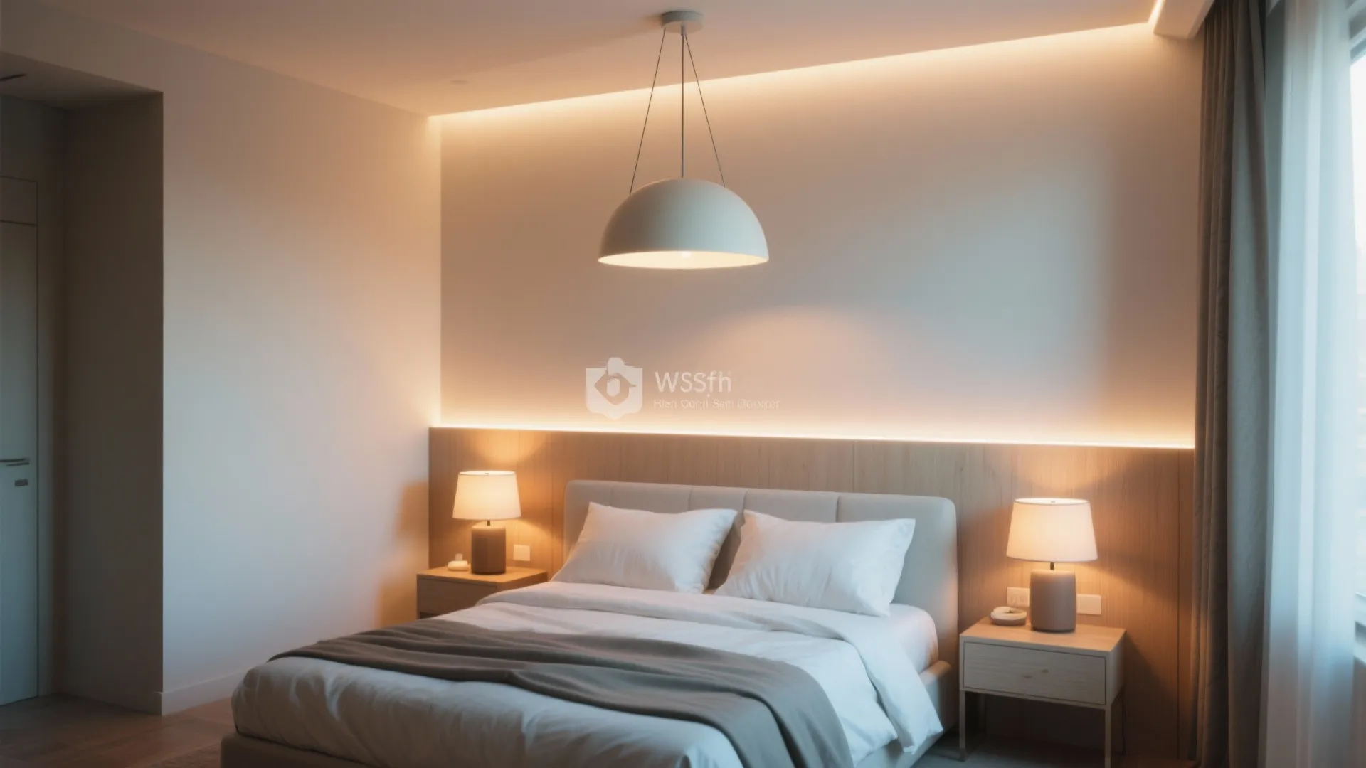 Modern cozy bedroom with white ceiling light warm wall lighting table lamps and grey bedding