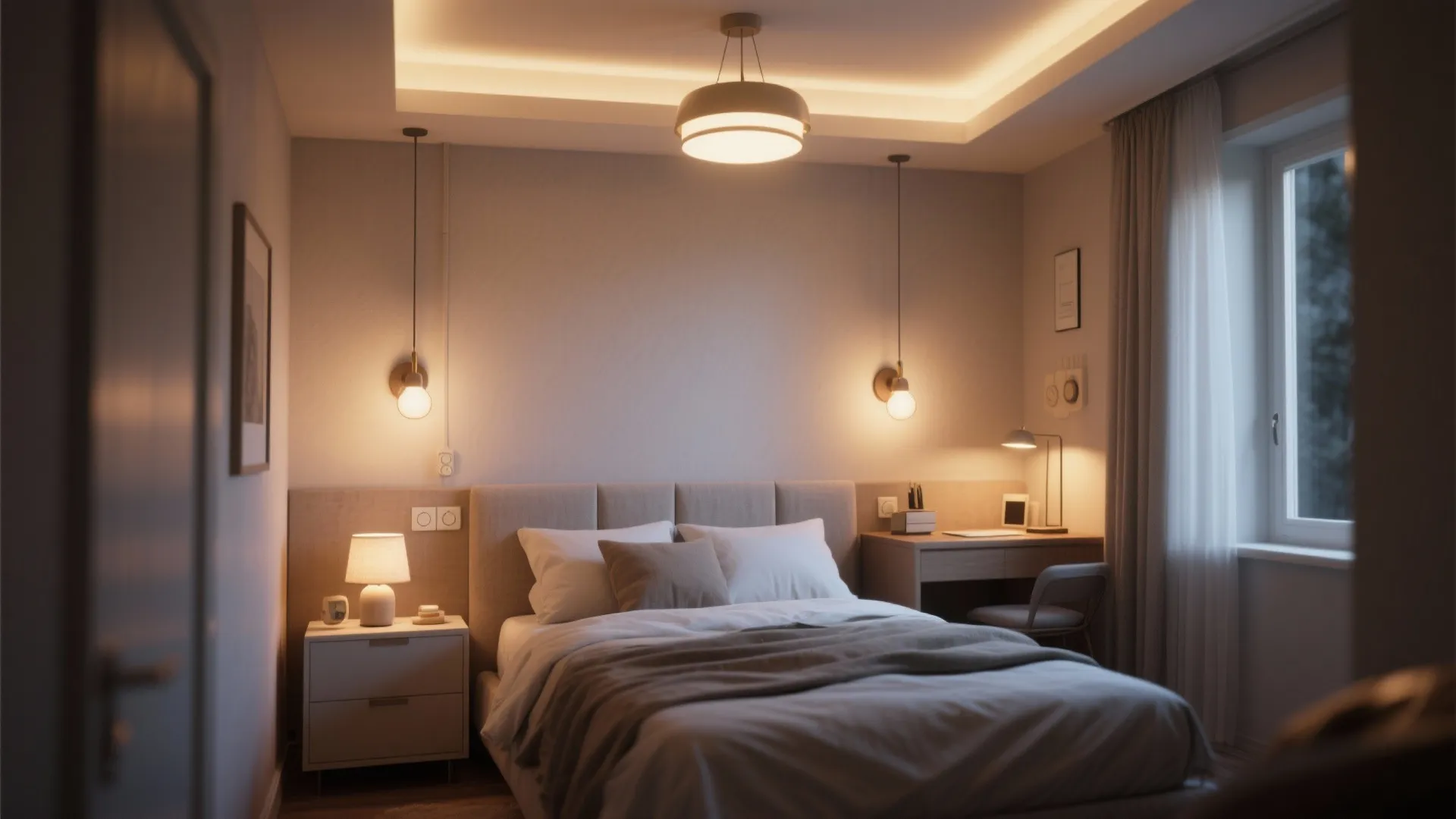 Cozy bedroom with warm lighting from a ceiling light two wall lights and bedside lamp