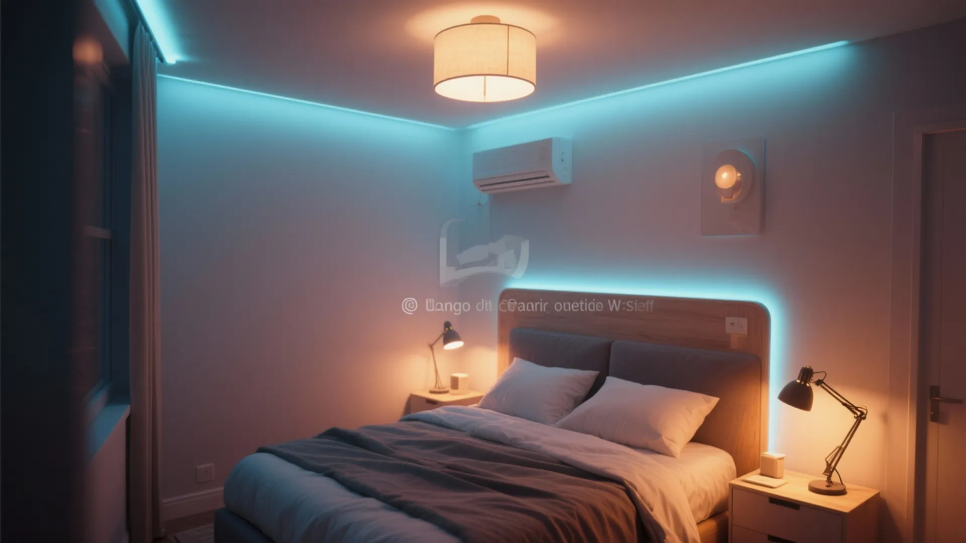 Small bedroom with multiple light sources creating a cozy atmosphere