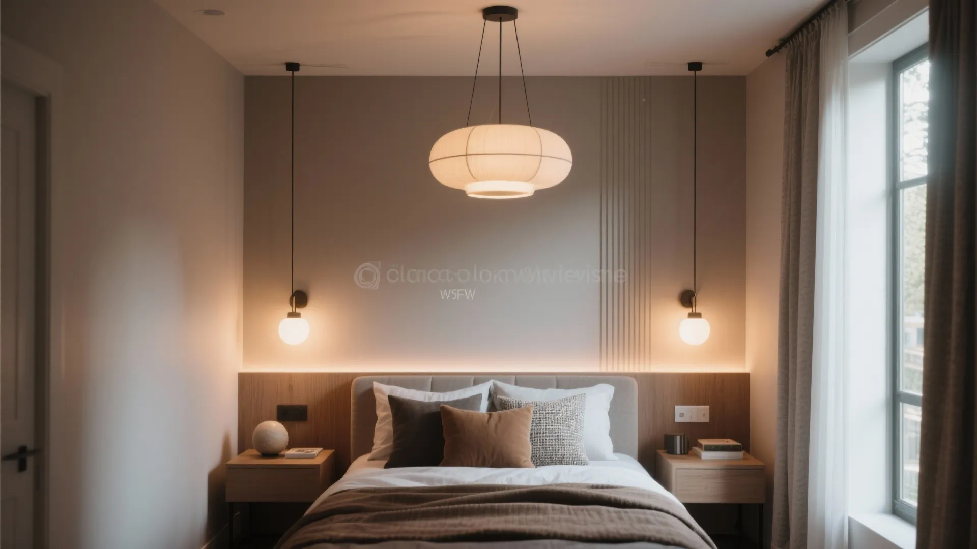 Modern bedroom with a central ceiling light two wall lights wooden headboard and soft bedding