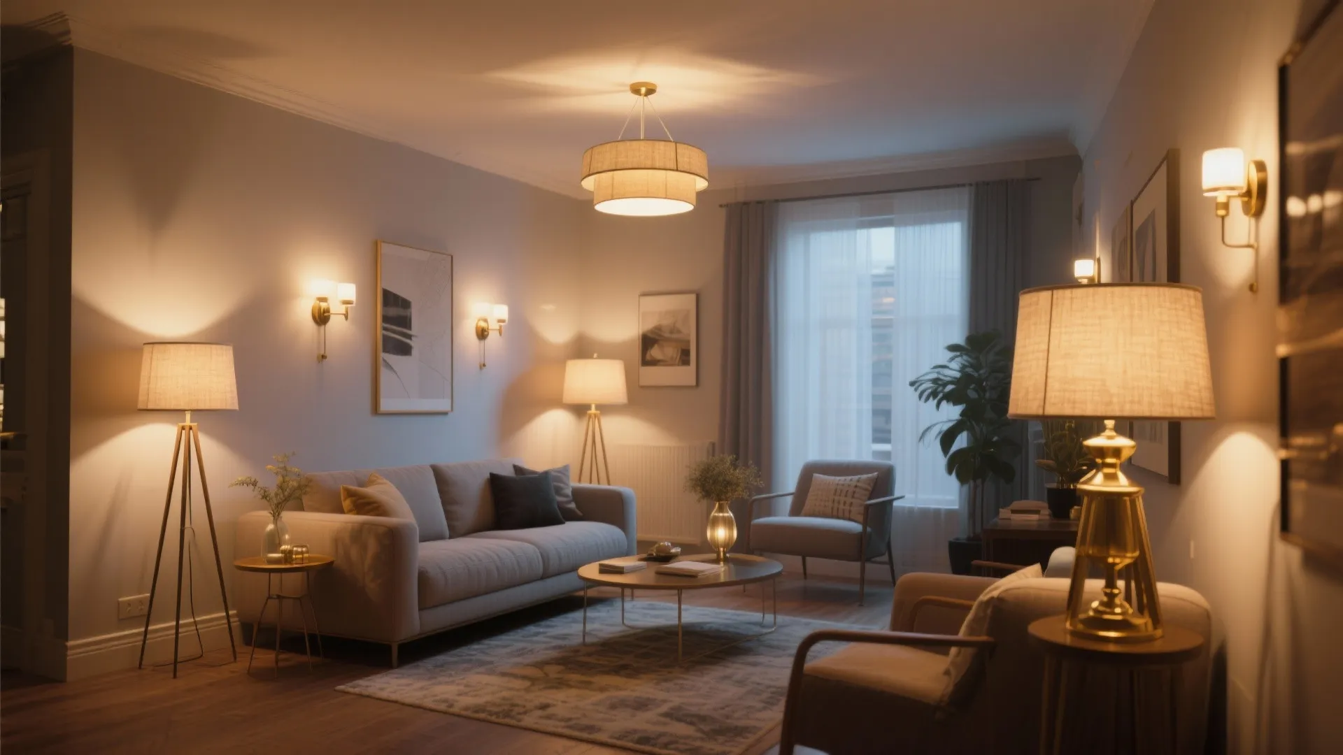Warm living room with multiple light sources including ceiling light floor lamp and wall lights