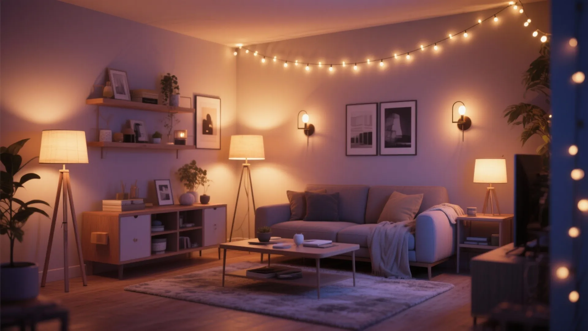 Cozy living room with warm floor lamps string lights wall lights and a grey sofa