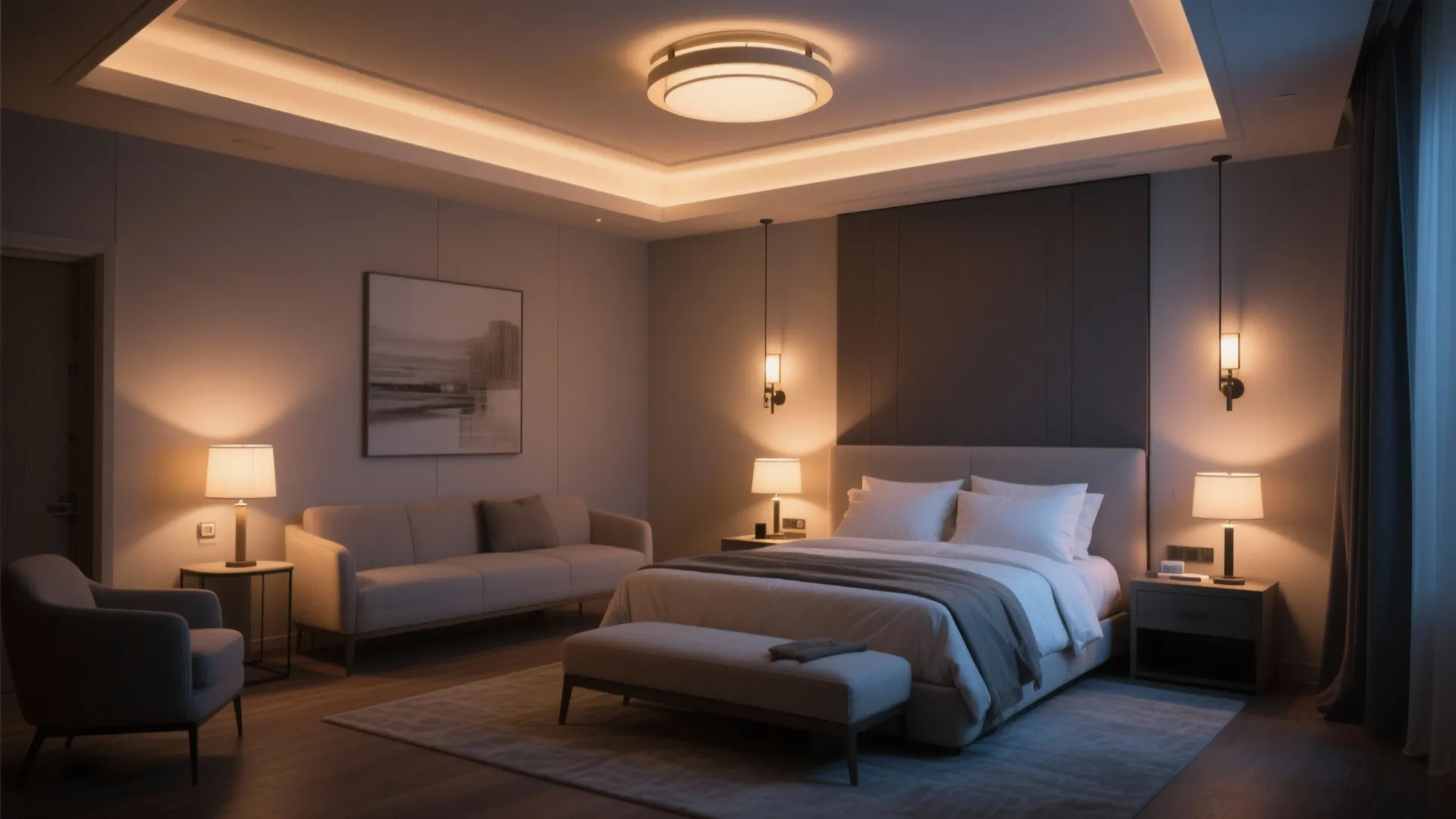 Luxury bedroom with warm light from ceiling light wall light table light and hidden strip lights