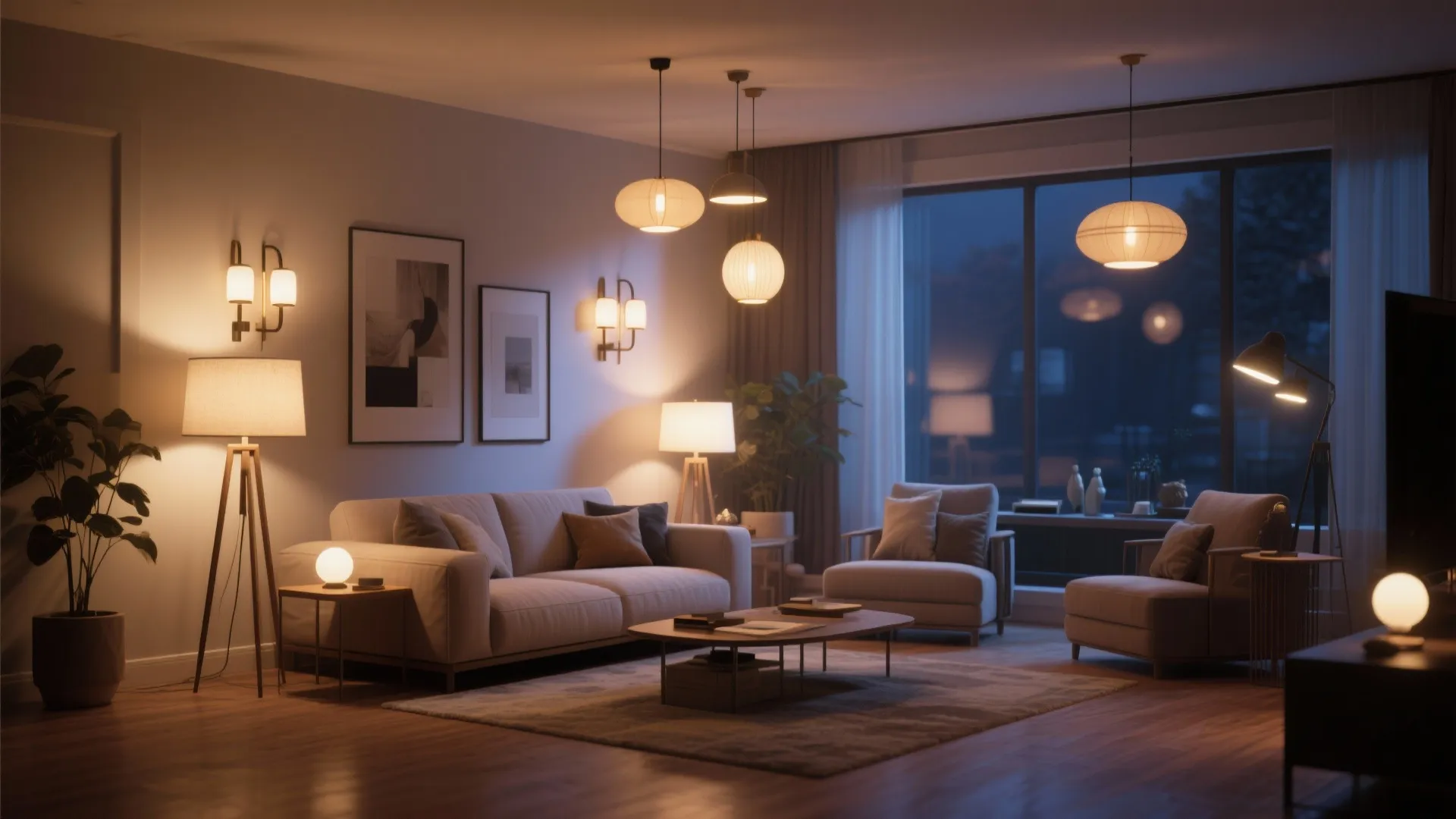 Cozy evening living room with multiple wall lights, ceiling lights, floor lamps, and a sofa
