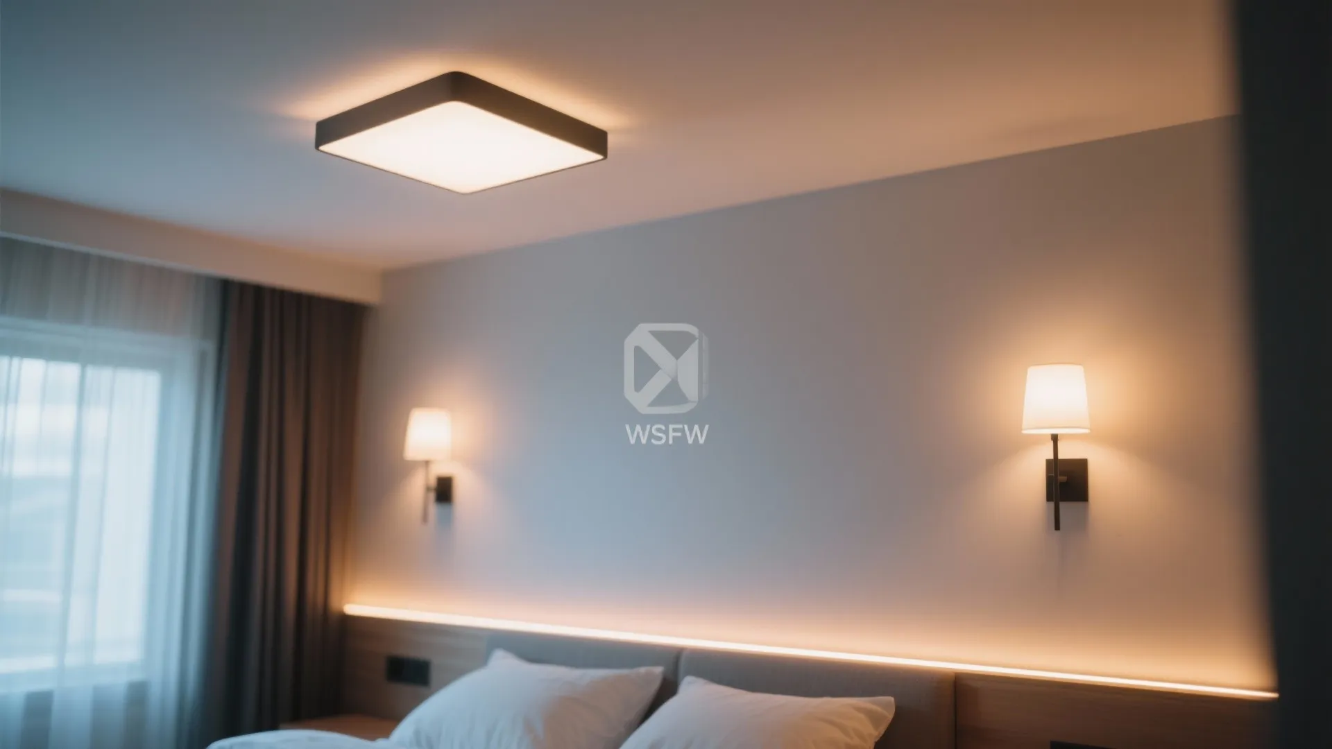 Layered lighting with ceiling, wall, and LED strip lights