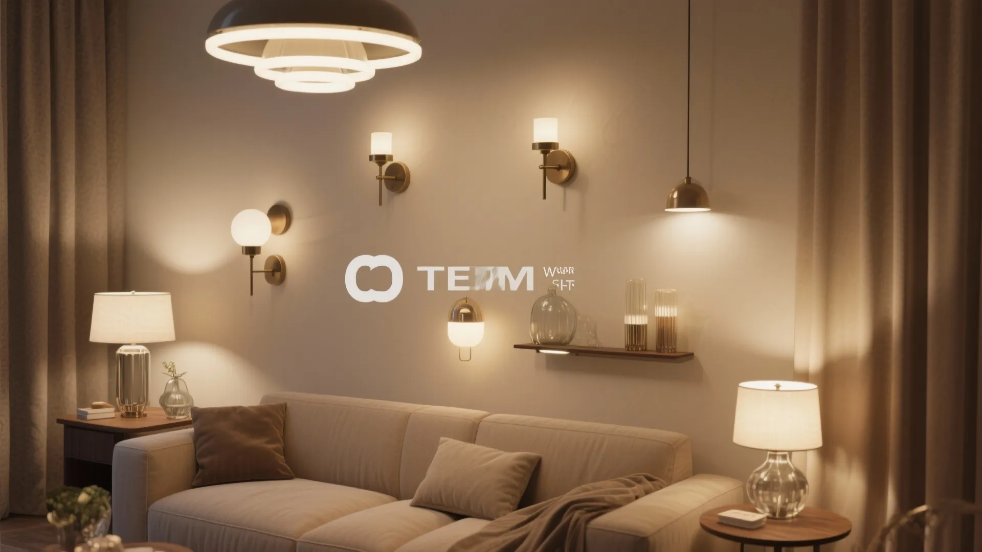 Warm living room interior featuring ceiling light multiple wall lights table lamps and cozy sofa