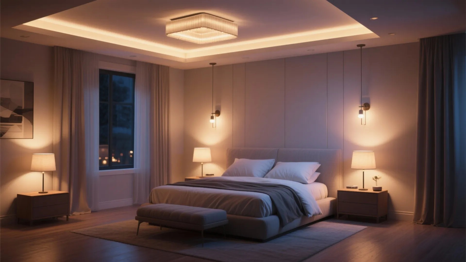Cozy bedroom at night with glowing ceiling light wall lights table lamps and warm floor