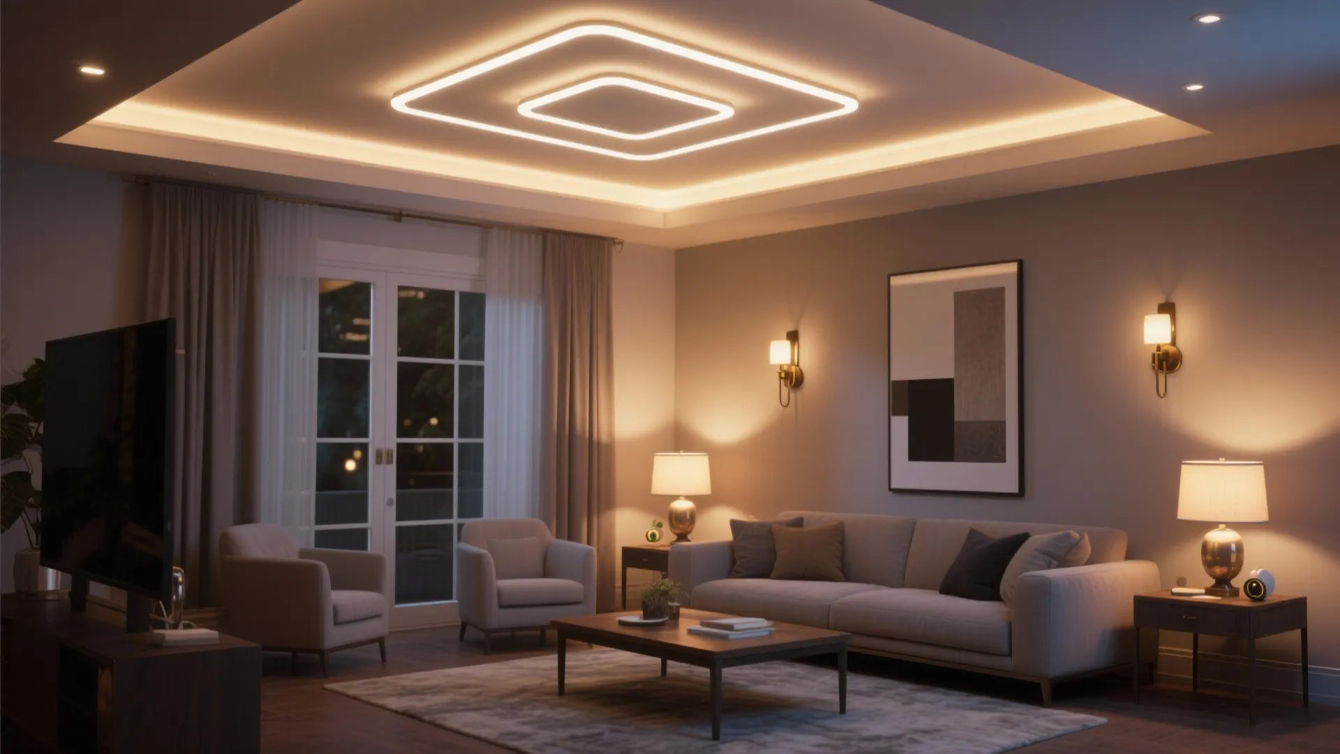 Modern living room with square ceiling light wall lights table lamps grey sofa coffee table