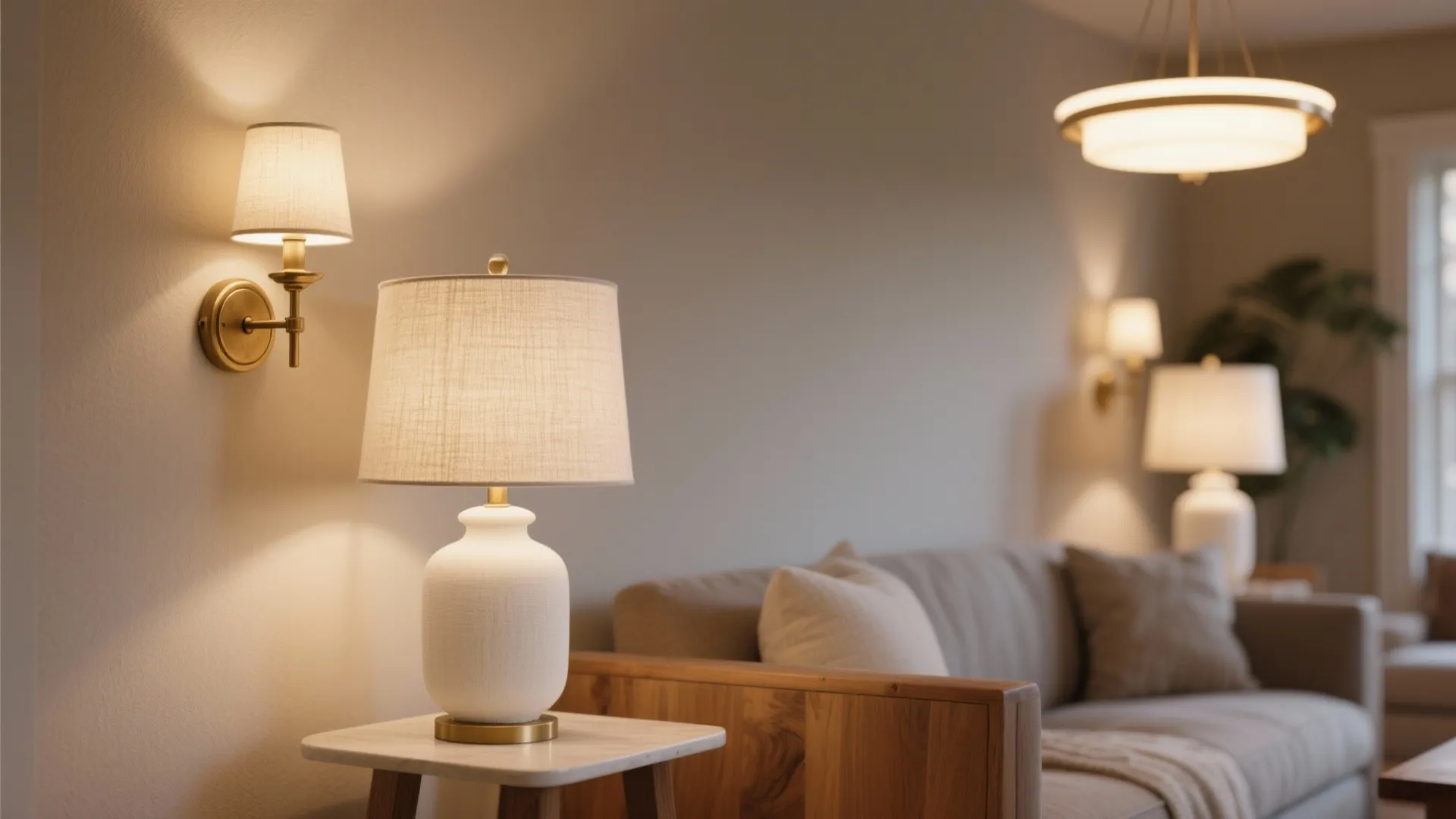 Cozy living room interior with warm wall lights table lamps and a modern ceiling light