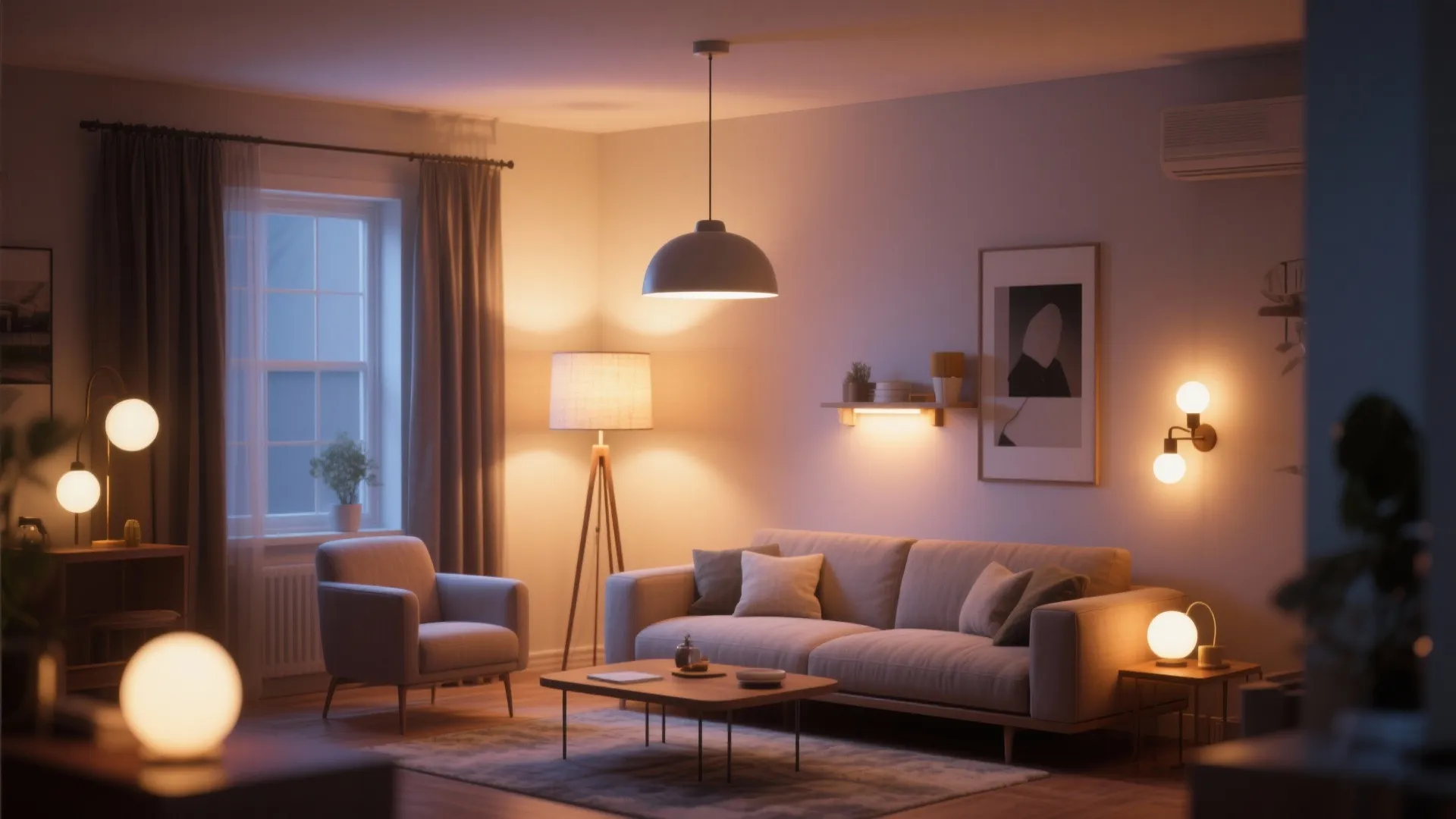 Cozy living room with warm layered light fixtures including ceiling light floor lamp and wall light