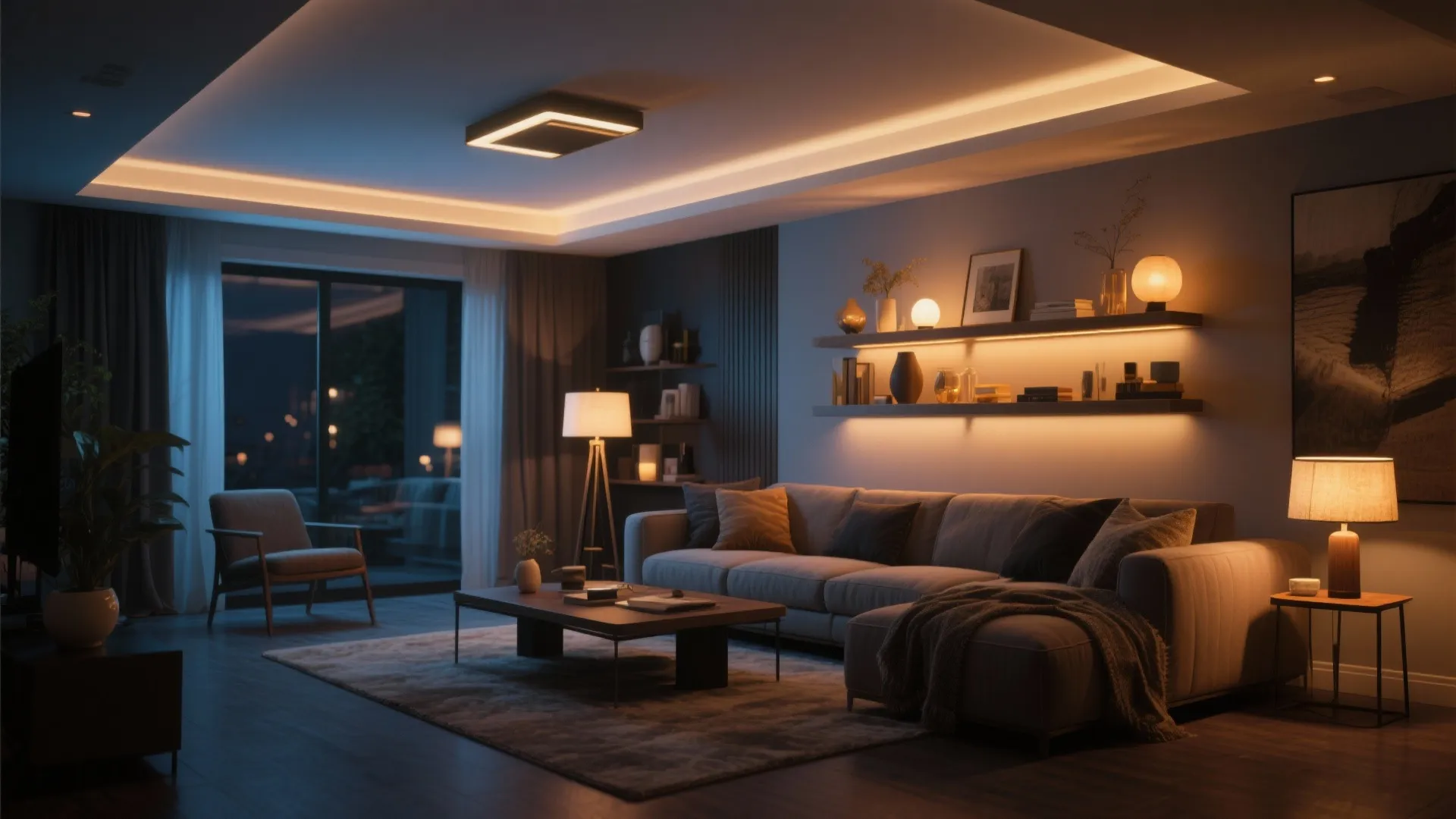 Modern living room at night with grey sofa warm ceiling light floor lamp and shelves
