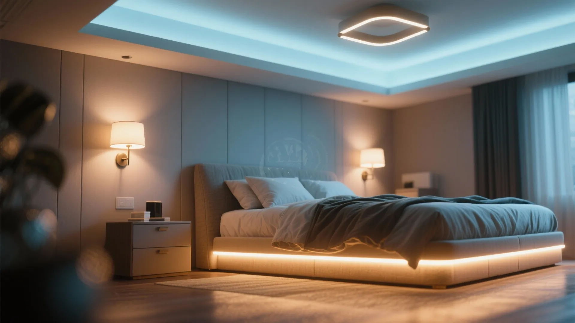 Layered bedroom lighting including sconces and LEDs