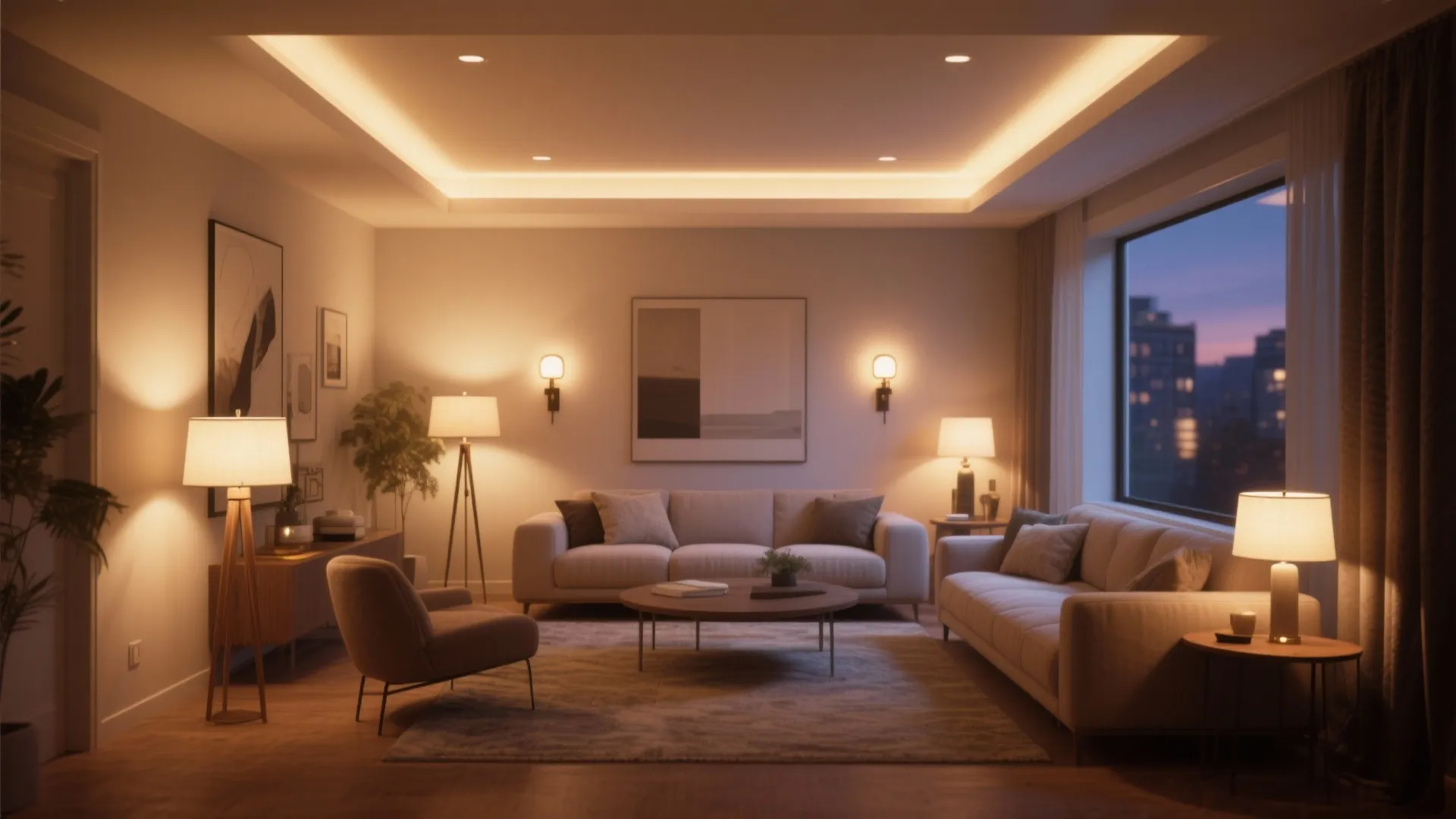 Cozy living room interior with warm light fixtures including floor lamps wall lights and ceiling lights
