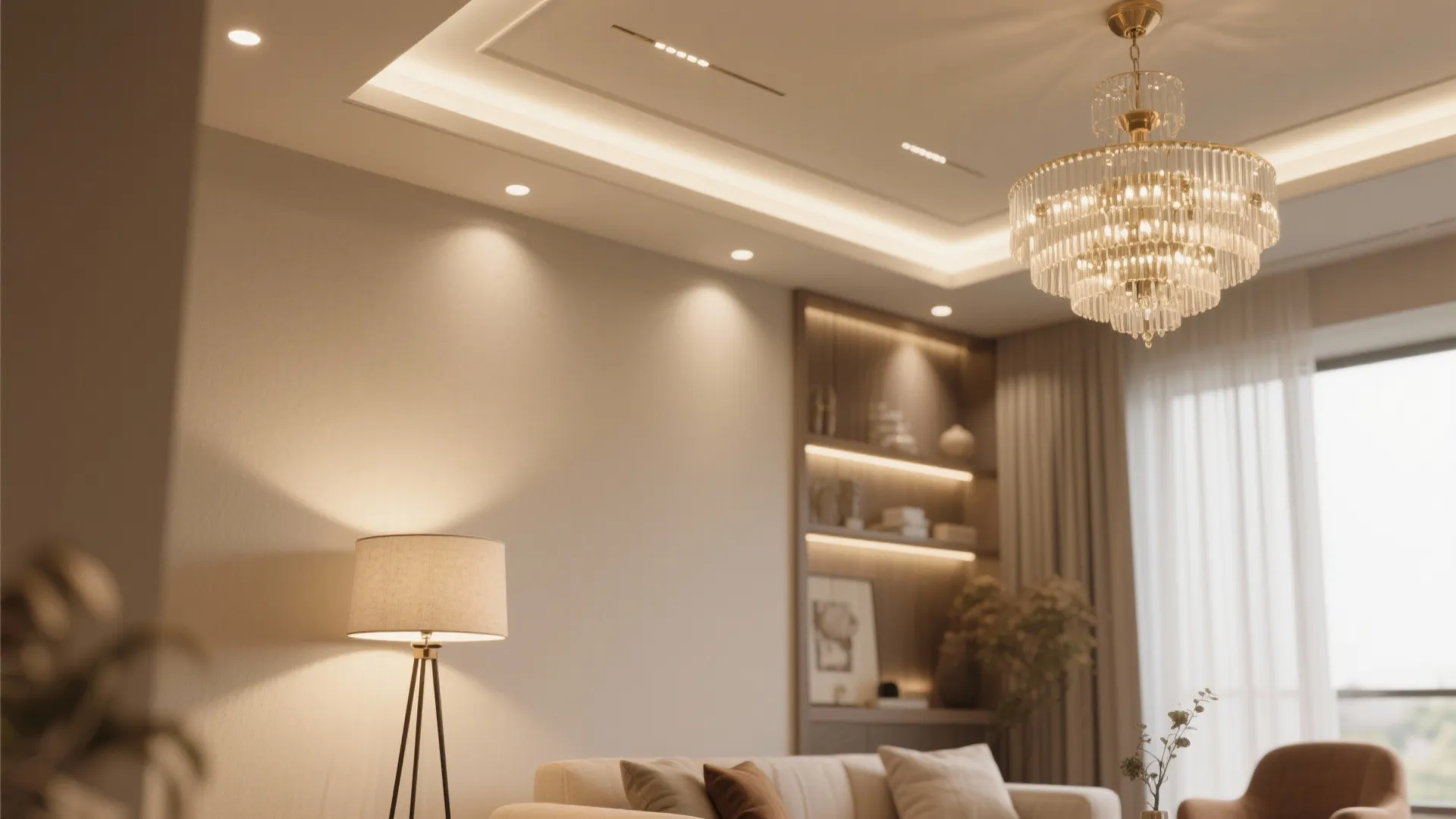 Modern living room with a crystal ceiling light floor lamp recessed lighting and built in shelves