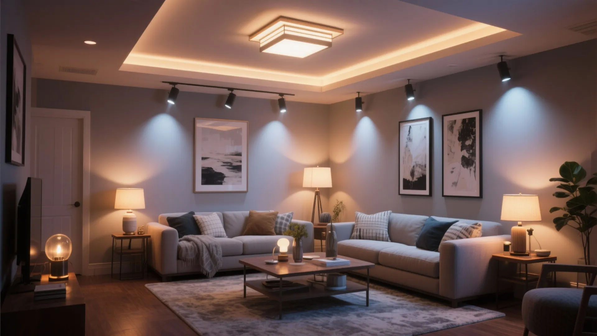 Living room with ambient, task, and accent lighting
