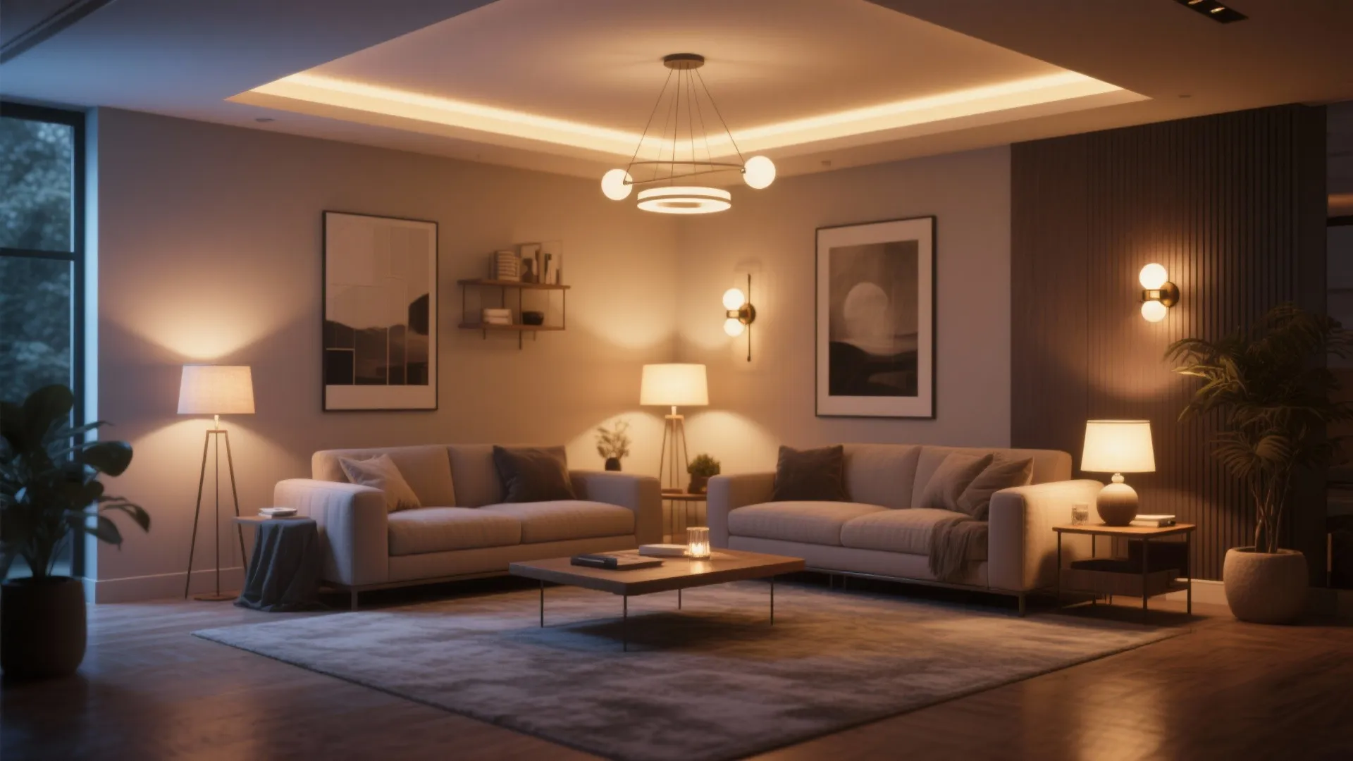 Modern living room with two sofas wooden coffee table ceiling light floor lamps and warm lighting