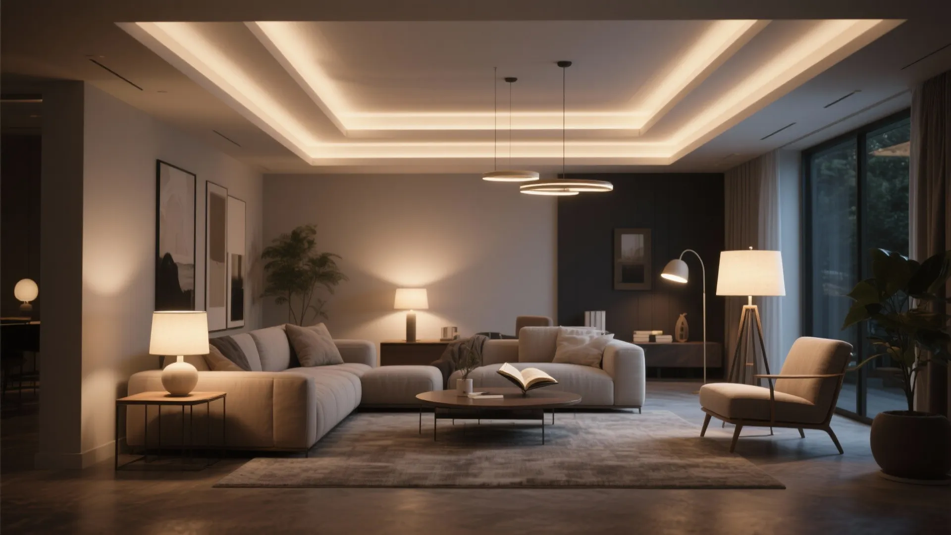 Spacious living room featuring recessed ceiling light floor lamps and table lamps for warm mood