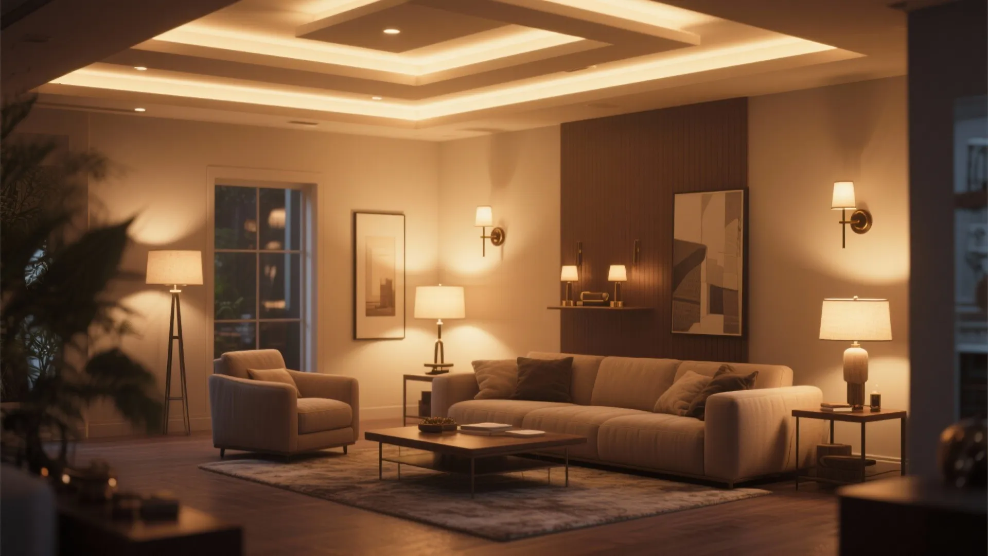 Warm living room with sofa coffee table floor lamp wall lights and recessed ceiling lights