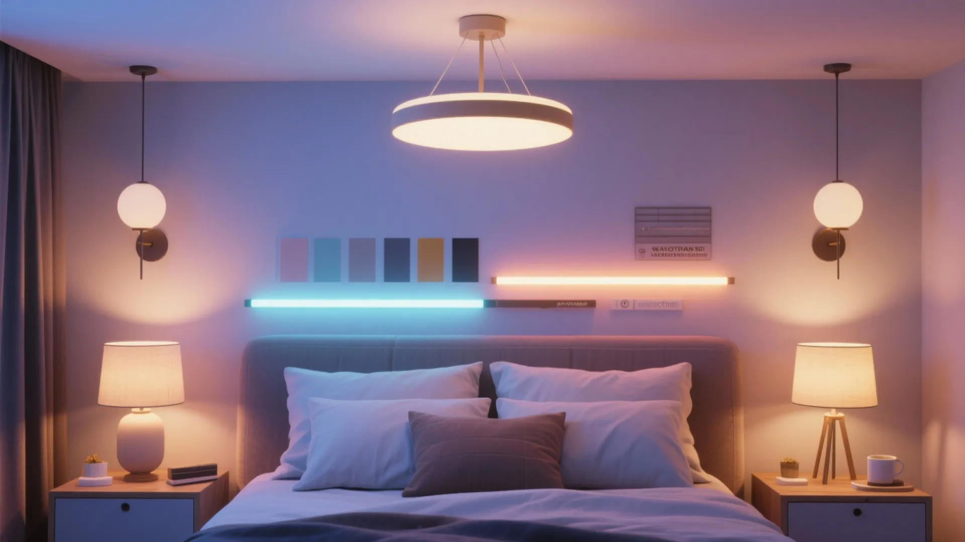 Flatlay of various bedroom lighting options and fixtures.