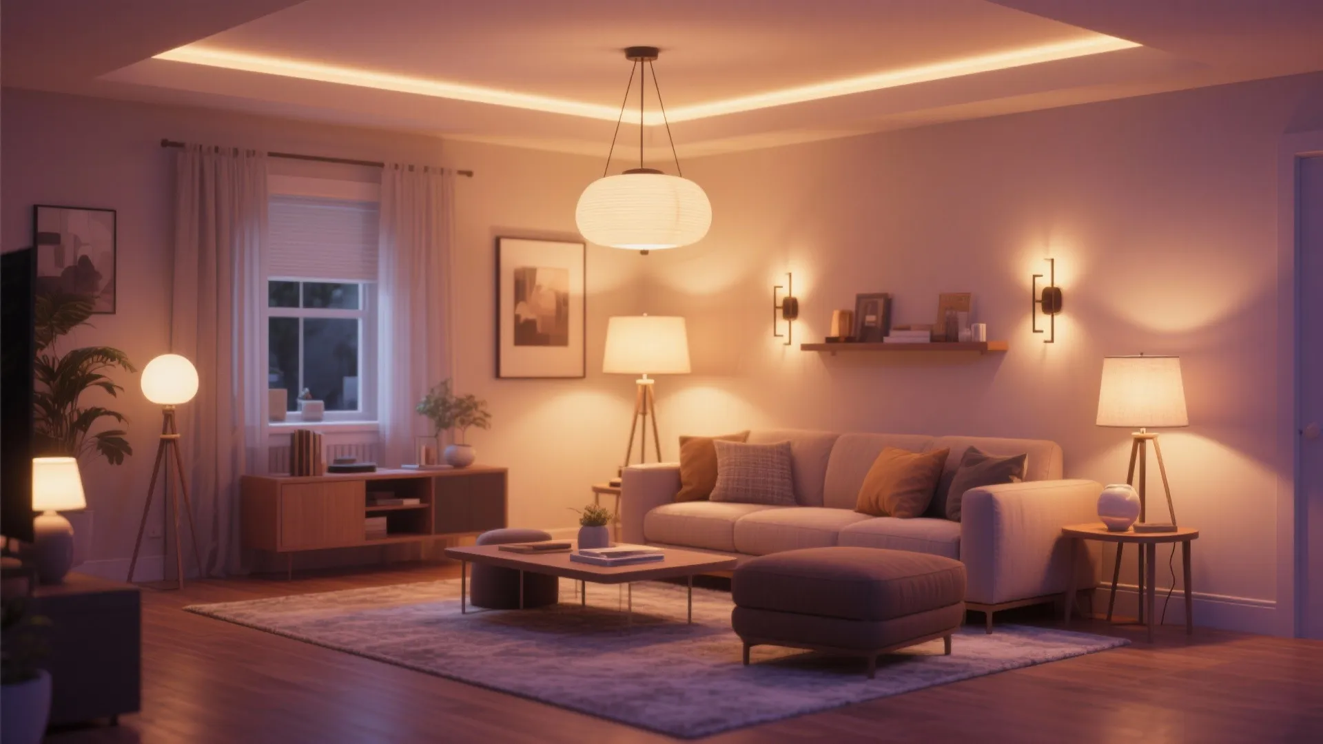 Warm living room with ceiling light wall light floor lamps and sofa with a footrest