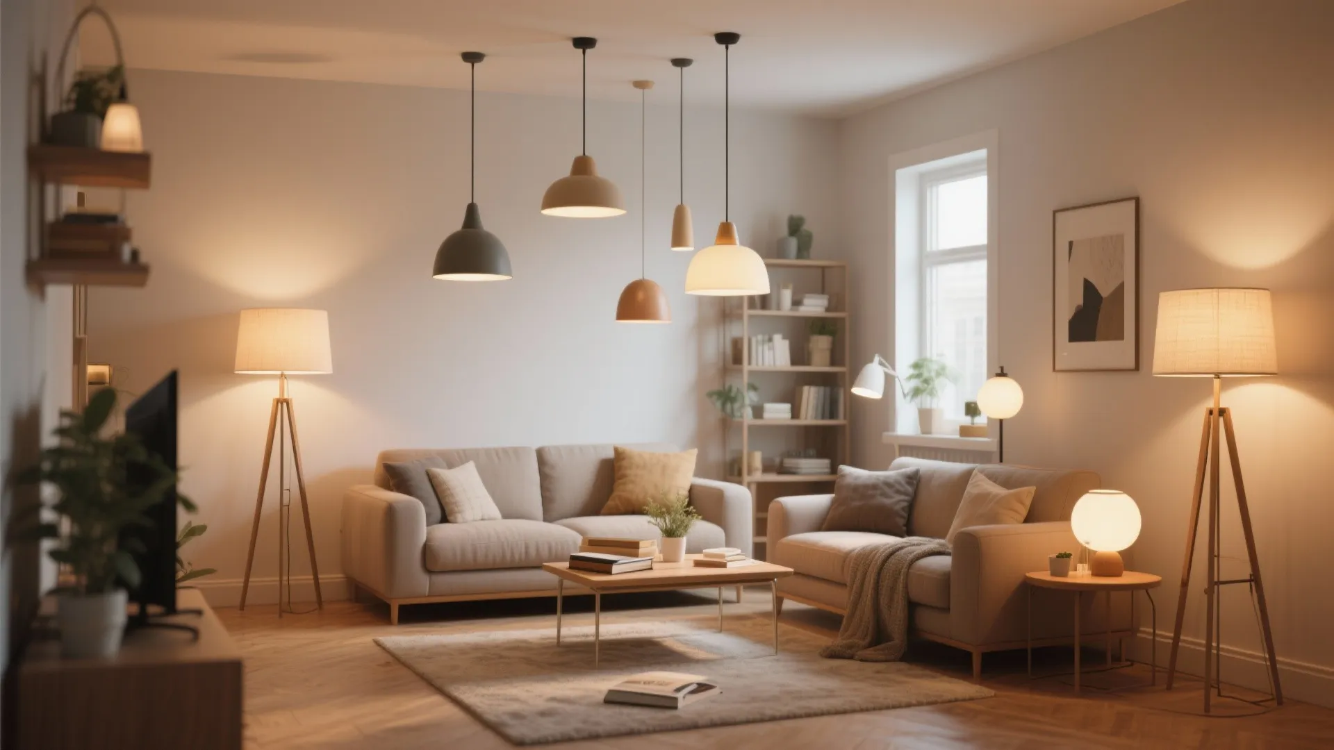 Cozy living room interior design with multiple ceiling lights floor lamps and soft warm lighting