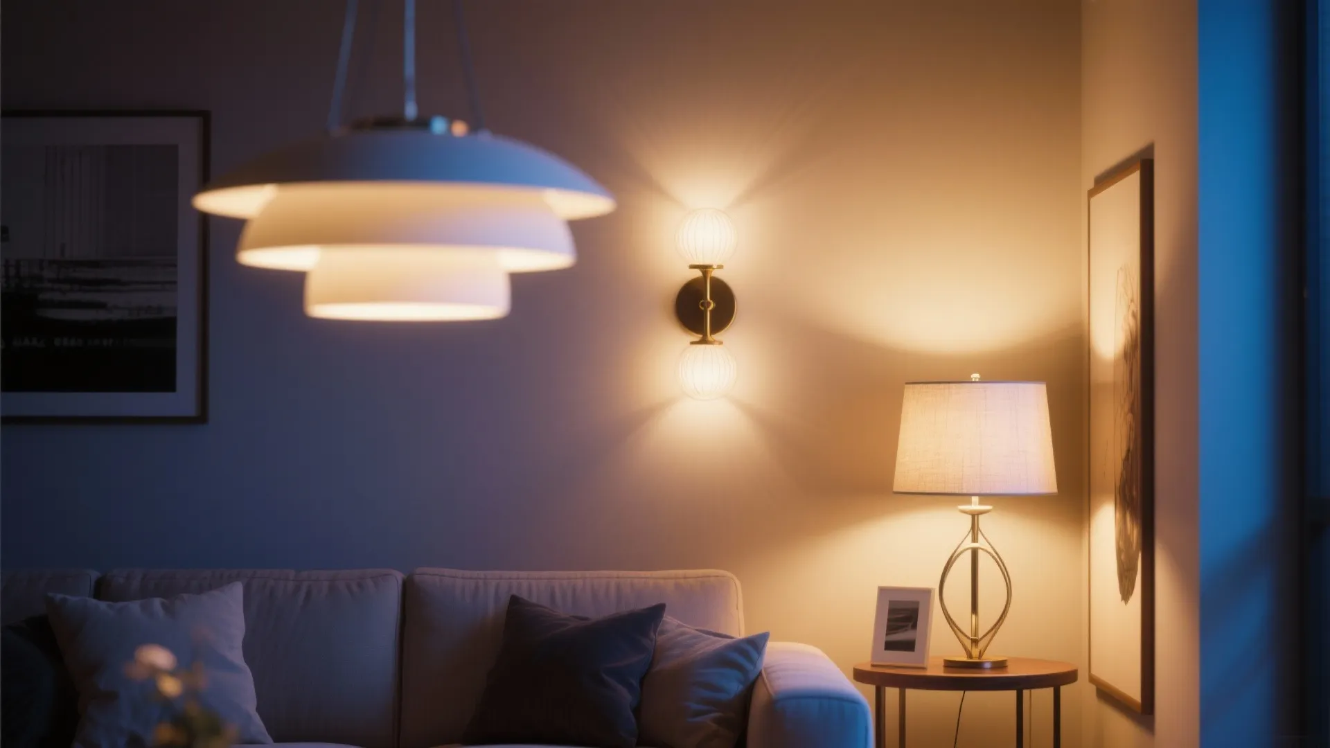 Living room with layered lighting featuring white ceiling light wall light and table lamp setup