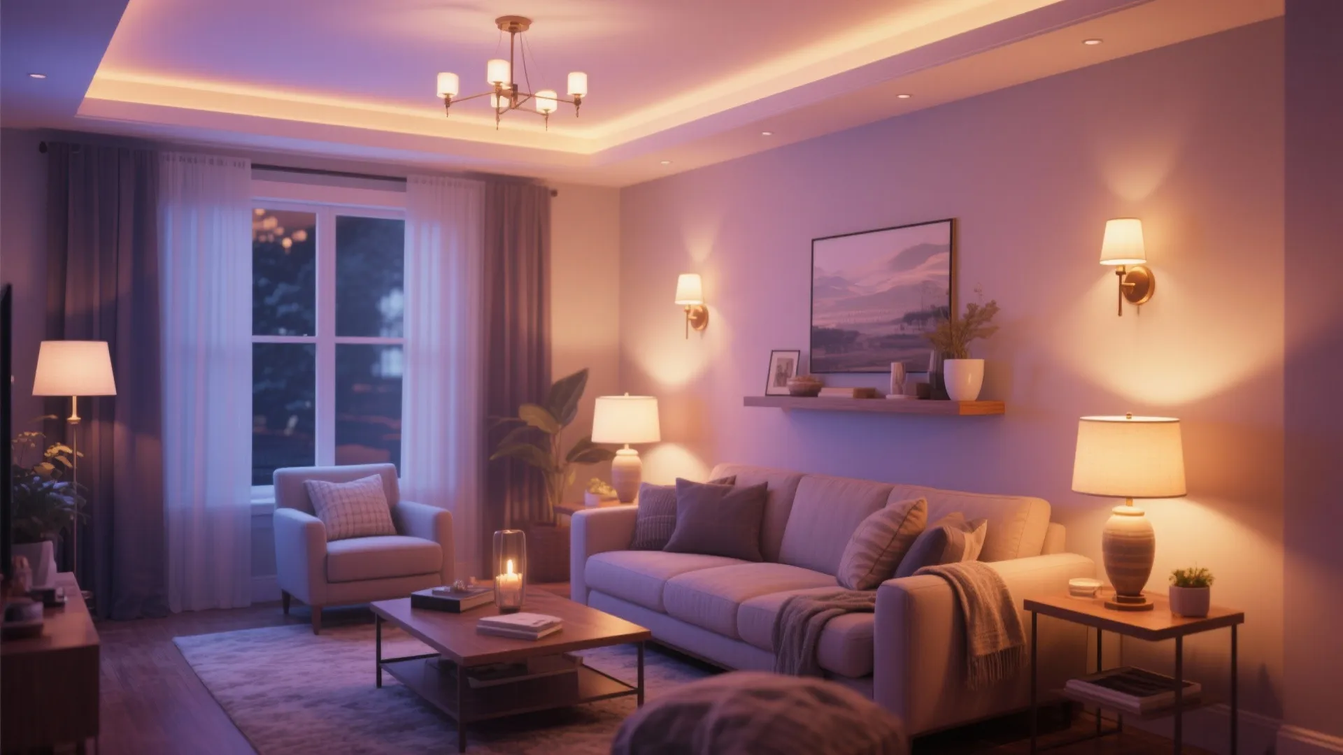 Cozy living room with warm light fixtures ceiling light wall lights table lamps and purple walls