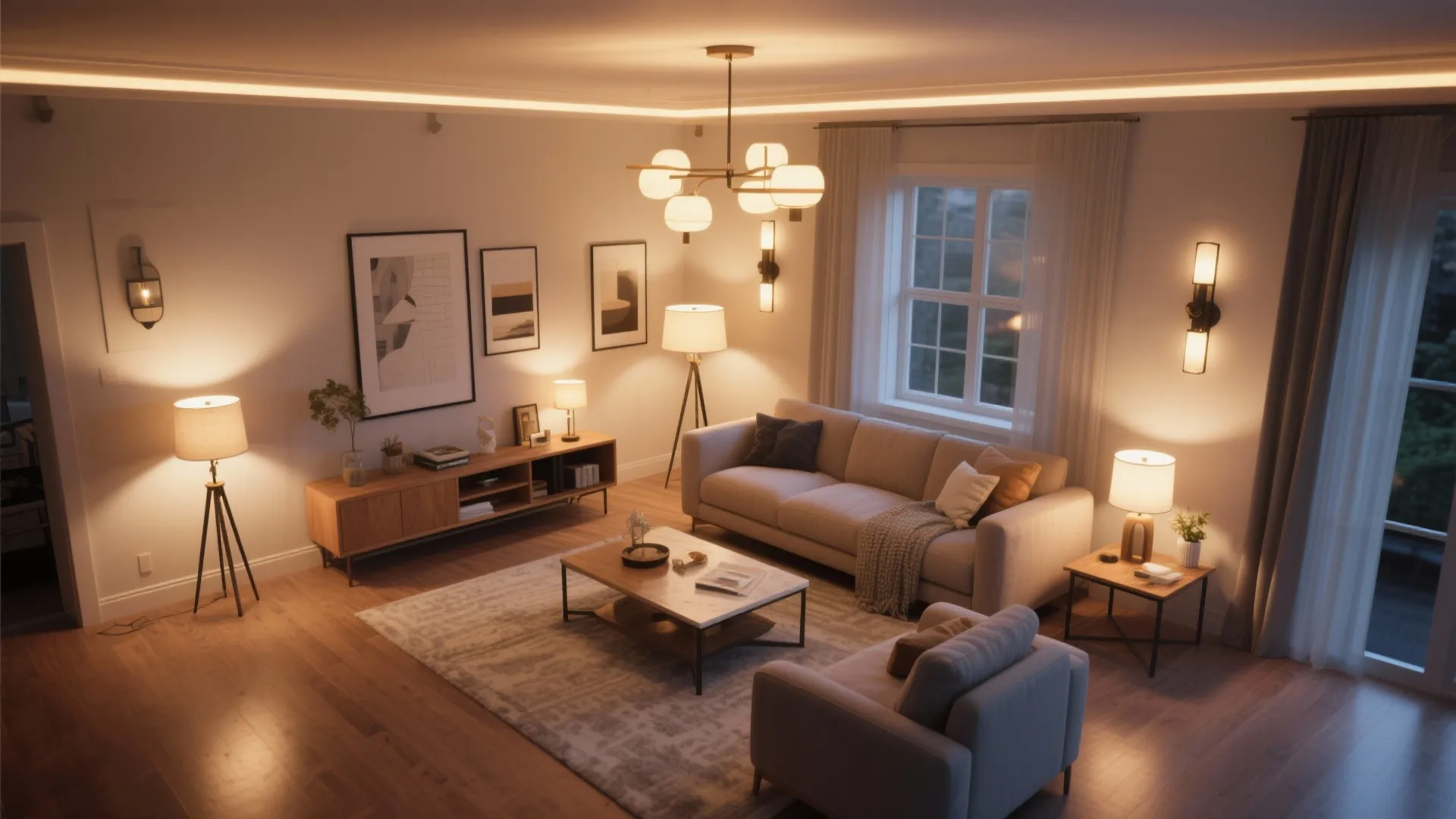 Warm living room interior featuring a ceiling light sofa floor lamps wall lights and wooden floor