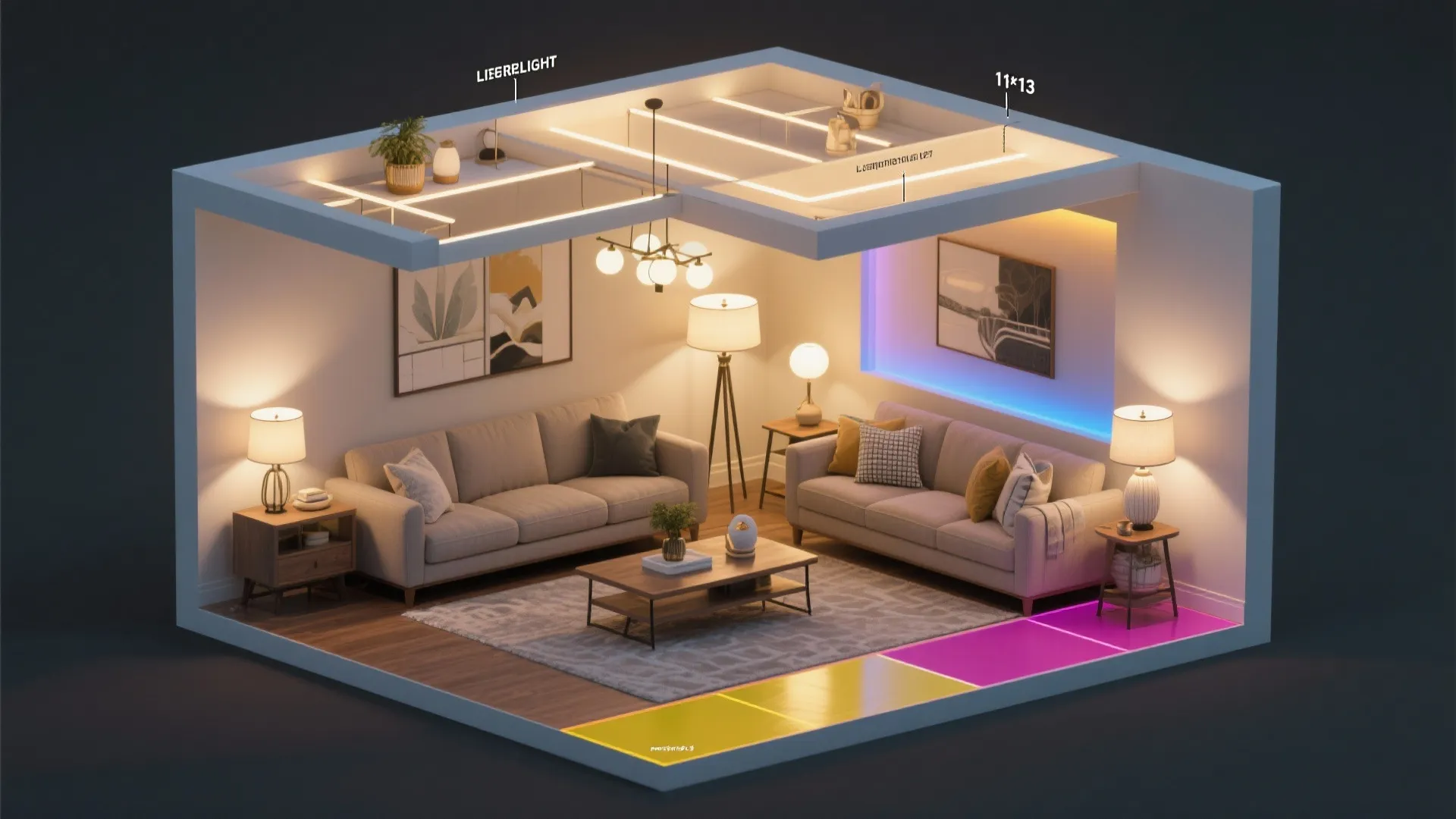 Interior design drawing showing various light fixture types in a cozy living room with two sofas