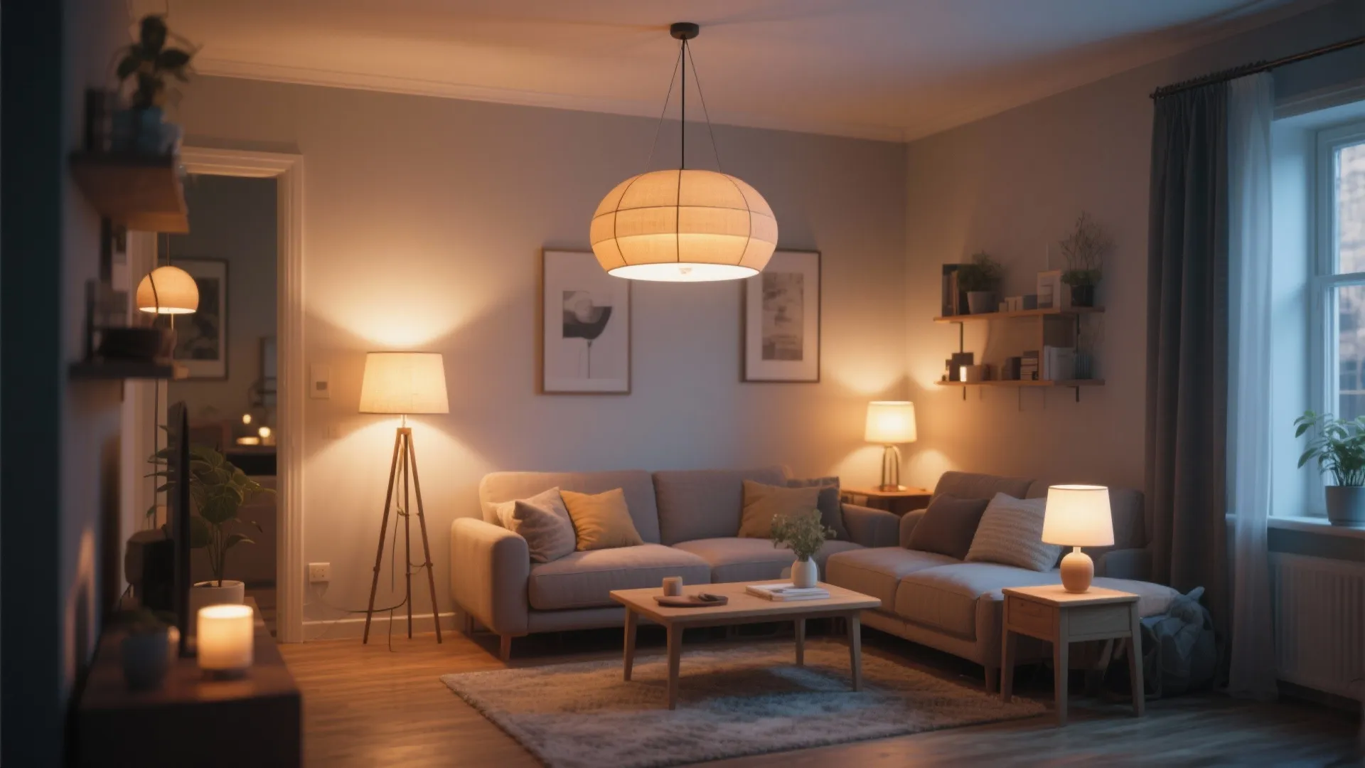 Warm living room at night with glowing ceiling light floor lamp and small table lamps