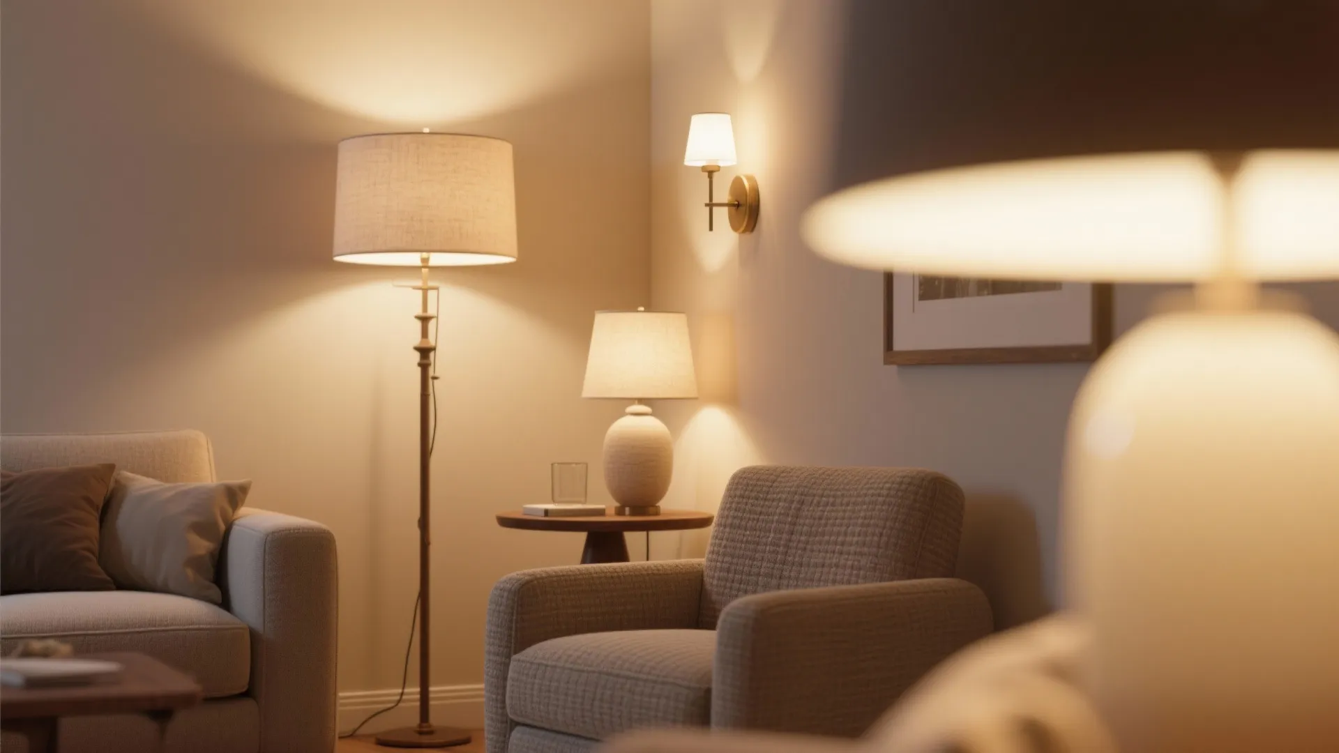 Warm living room corner with floor lamp, table lamp, wall light and a grey armchair