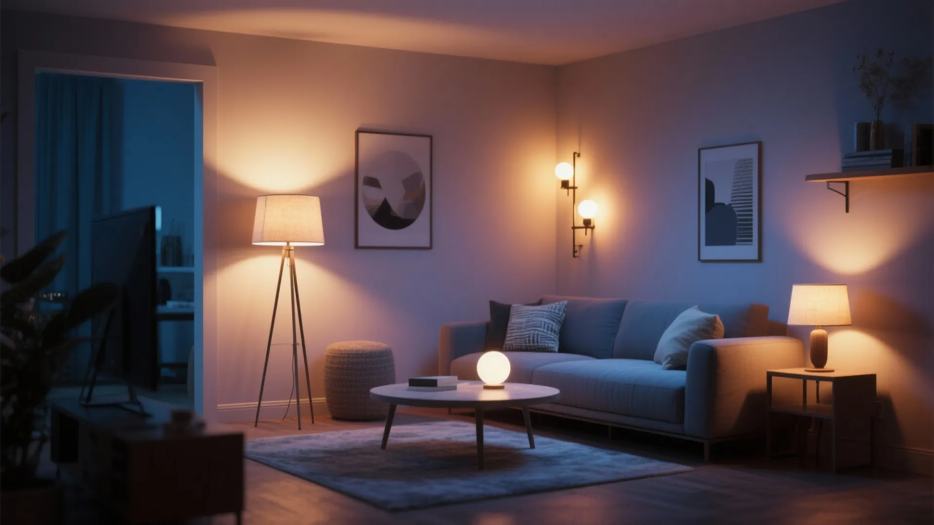 Cozy living room at night featuring floor lamp wall light table lamp and warm lighting