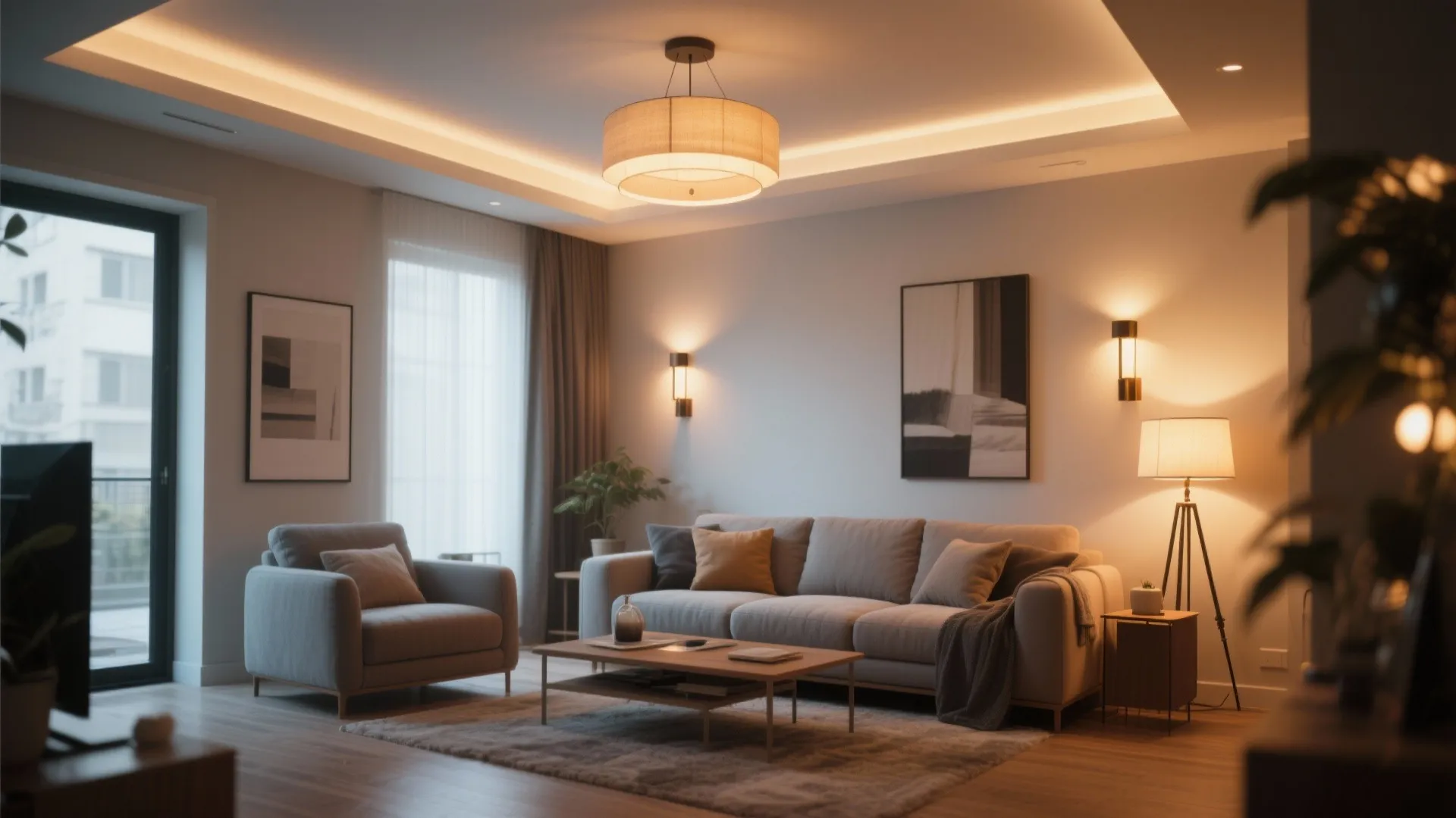 Living room featuring grey sofa armchair wooden coffee table ceiling light wall lights and lamp