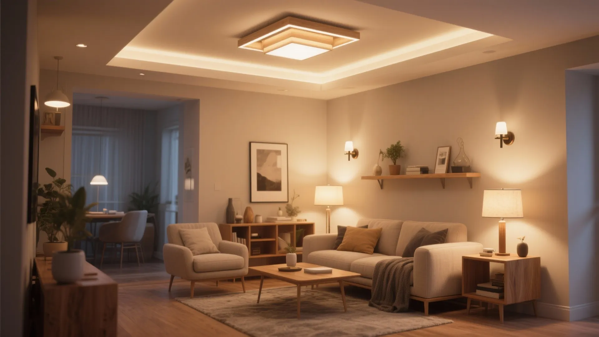 Warm living room with ceiling light, wall lights, table lamps, beige sofa, and wooden furniture