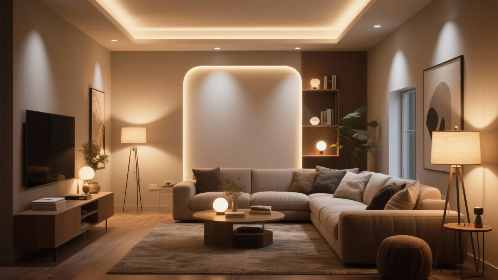 Living room featuring warm light fixture layers with floor lamps and a glowing wall panel