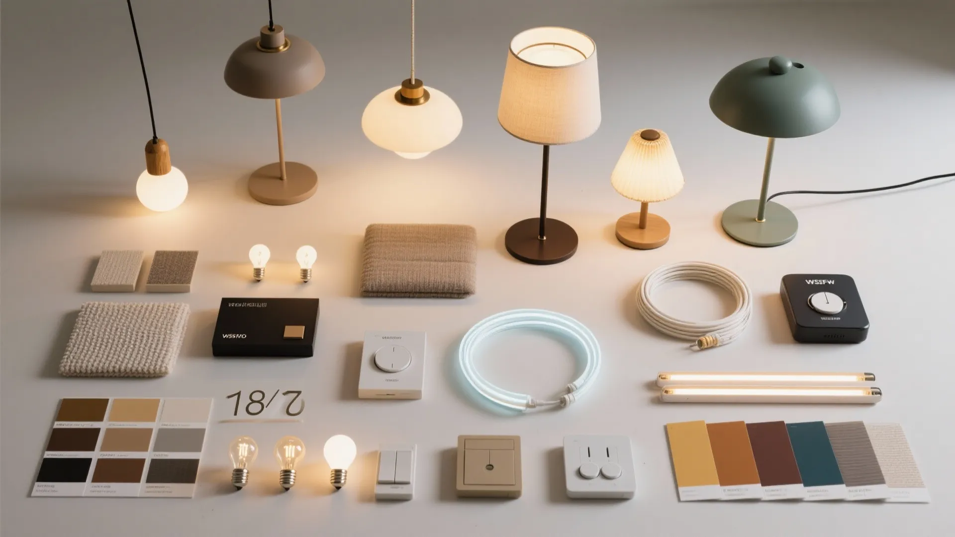 Collection of various table lamps, light bulbs, color samples, and electrical parts for interior design