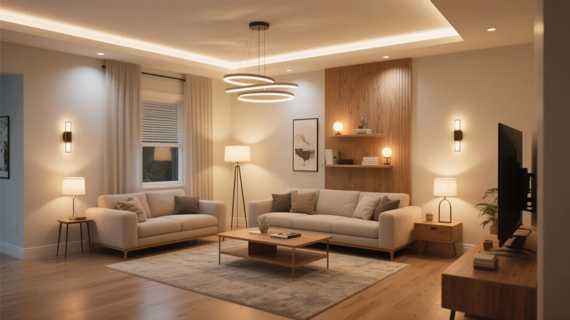 Modern living room with warm lighting from a circular ceiling light and wooden wall panel