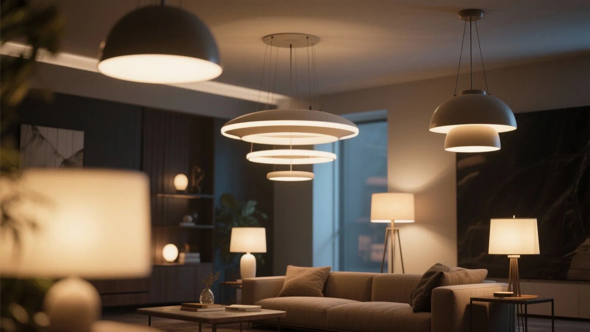 Modern living room with multiple warm ceiling light fixtures floor lamps and a grey sofa