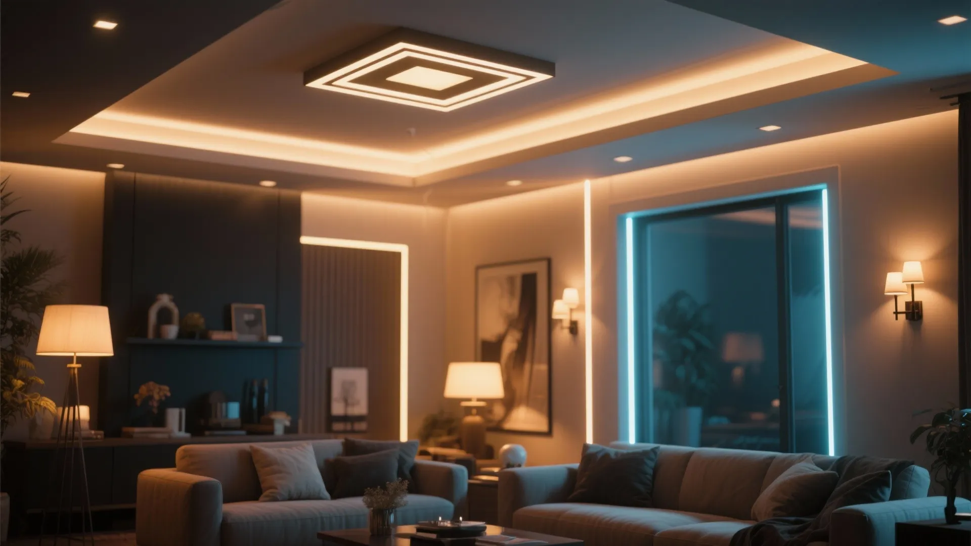 Modern living room featuring warm layered lighting with ceiling light strips floor lamps and wall lights